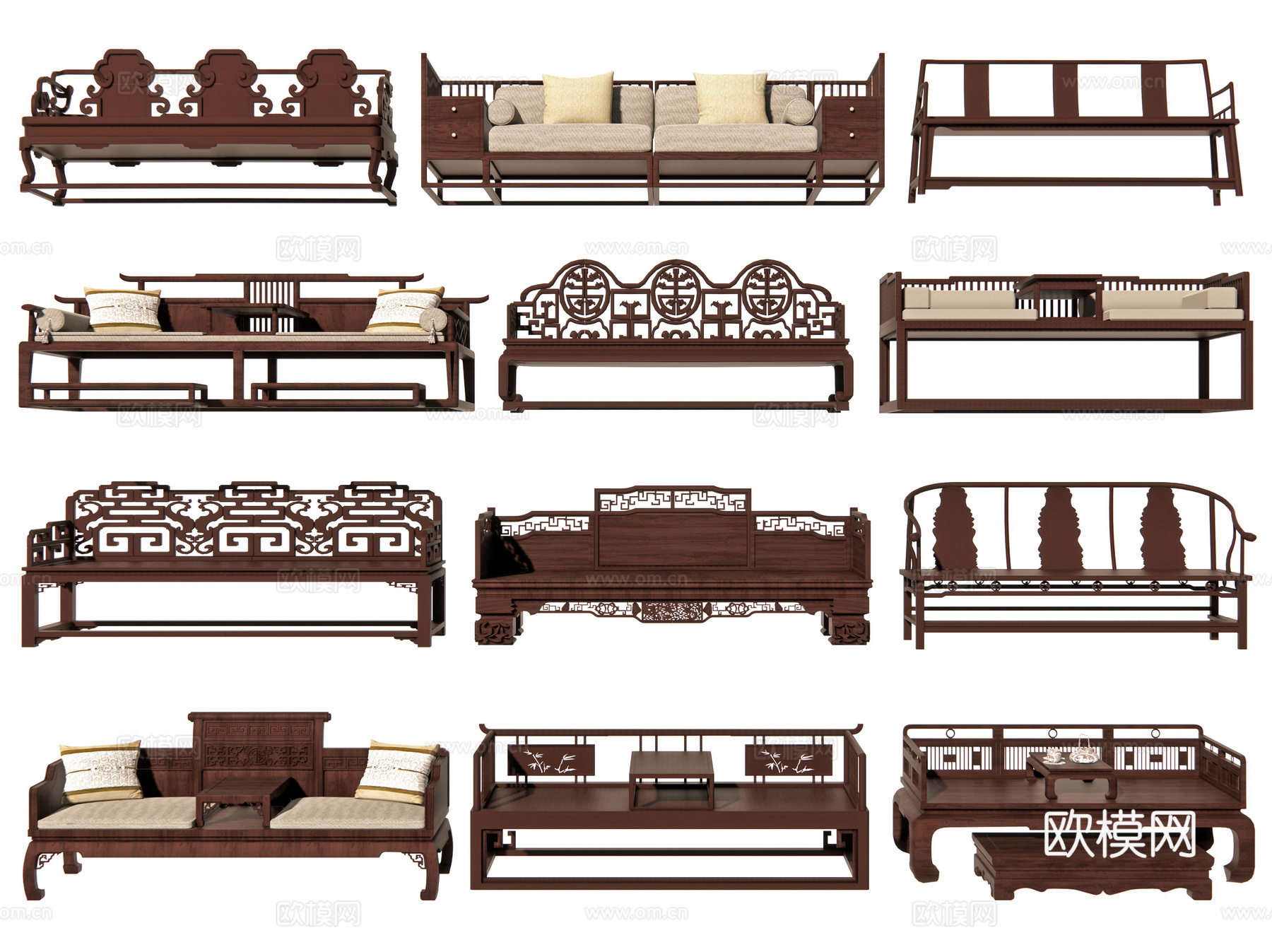 中式罗汉床 罗汉椅 罗汉榻 木沙发 木床榻 脚榻su模型下载（渲染图1）