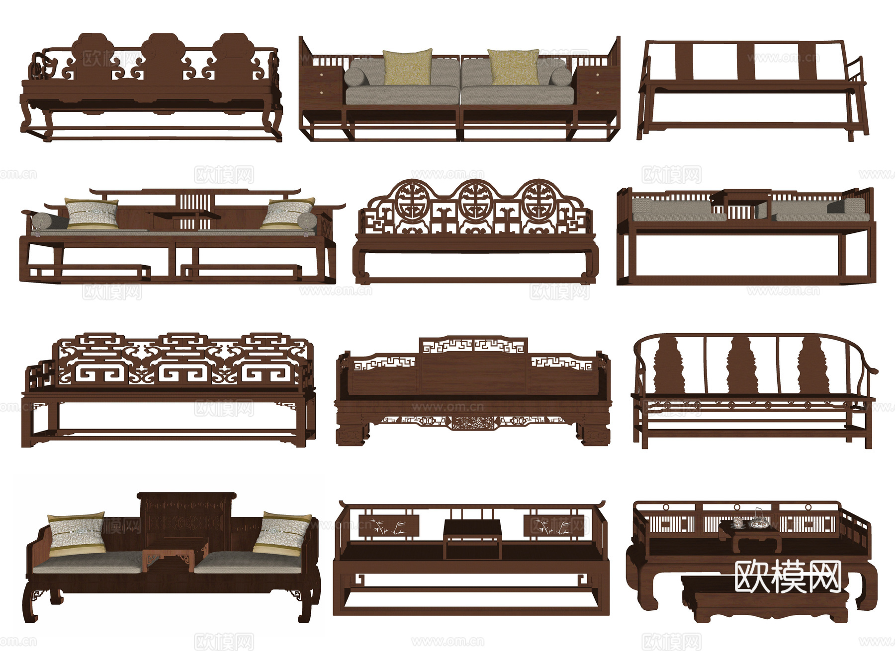 中式罗汉床 罗汉椅 罗汉榻 木沙发 木床榻 脚榻su模型下载（渲染图2）