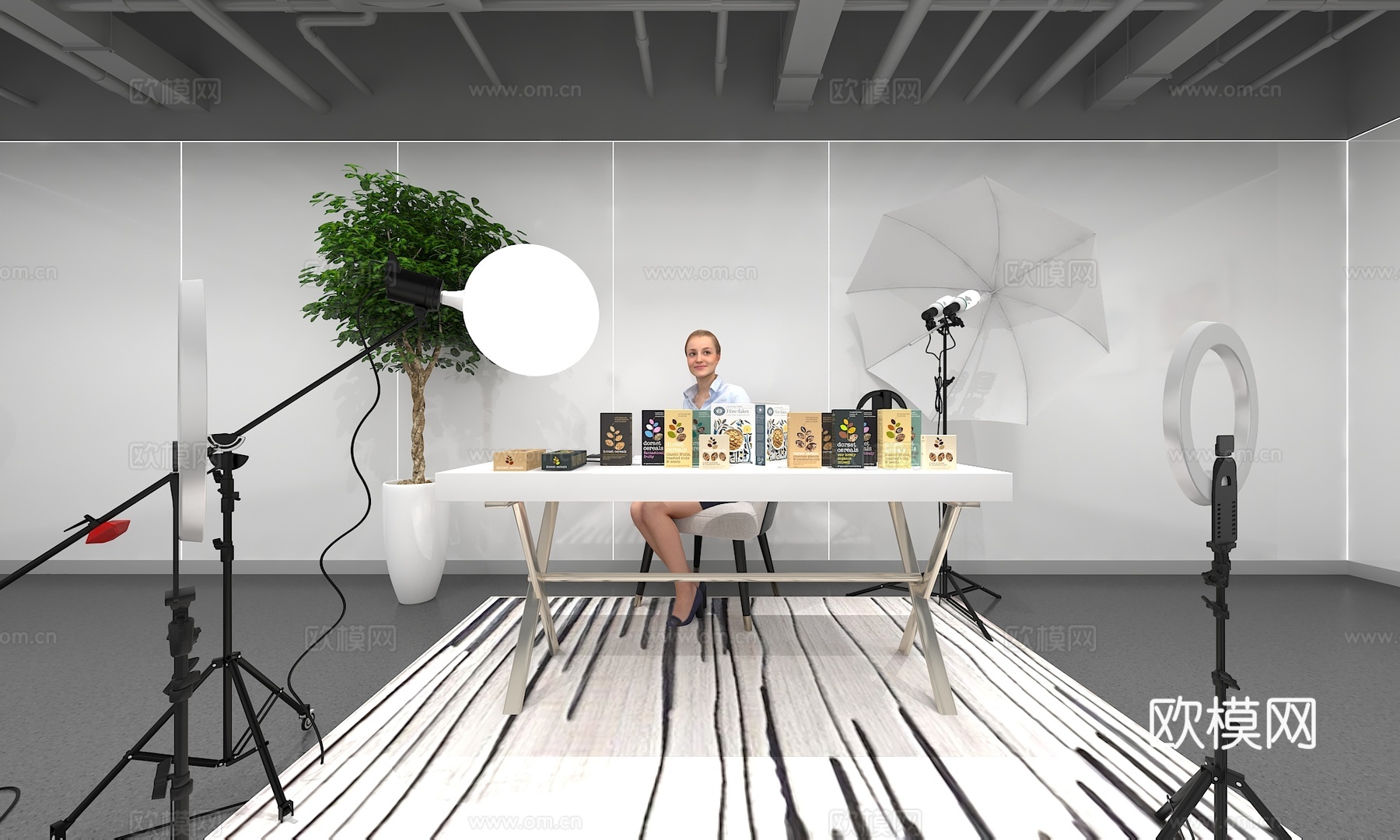 现代直播间 带货主播 直播设备 摄影棚 补光灯 灯具 摄像机su模型下载（渲染图1）
