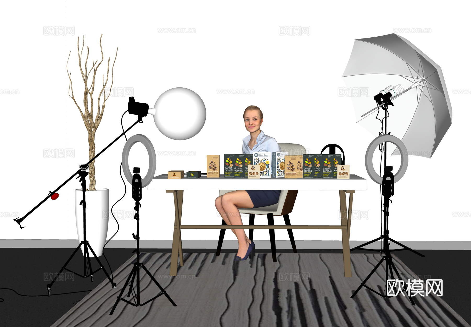 现代直播间 带货主播 直播设备 摄影棚 补光灯 灯具 摄像机su模型下载（渲染图2）