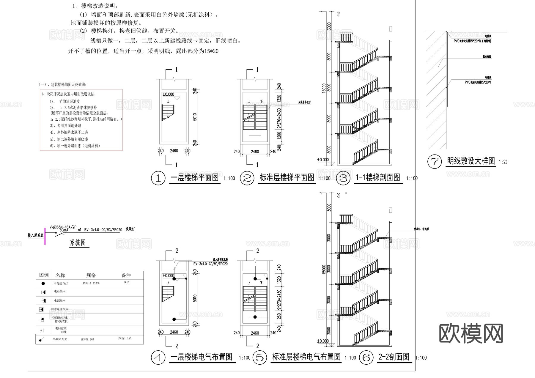 社区微改造 楼梯亮化新建线槽电路开关灯大样图 应急灯cad施工图