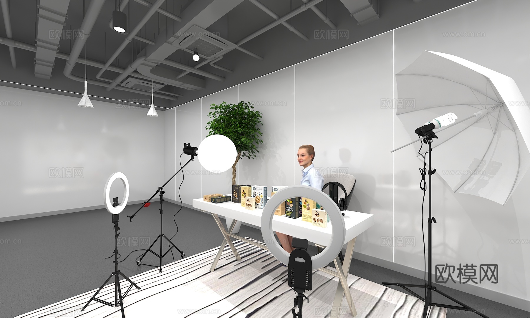 现代直播间 带货主播 直播设备 摄影棚 补光灯 灯具 摄像机su模型下载（渲染图3）