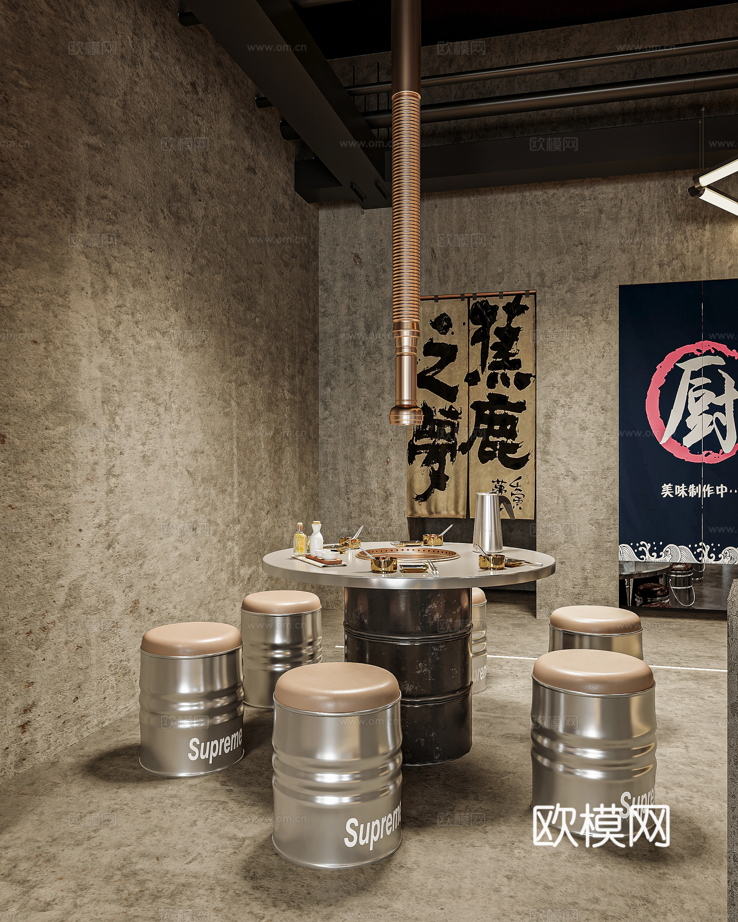 现代工业风烤肉店 工业风烤肉店 韩式烤肉店3d模型