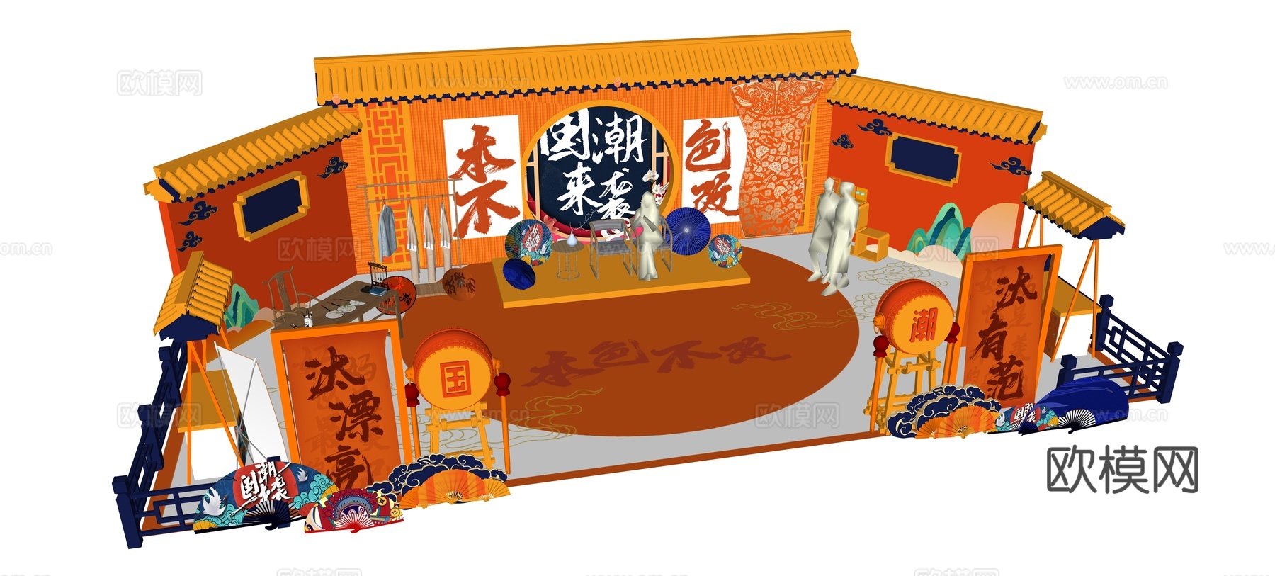 新中式国潮美陈 戏曲文化打卡点 国潮背景墙 商业街戏剧展厅su模型