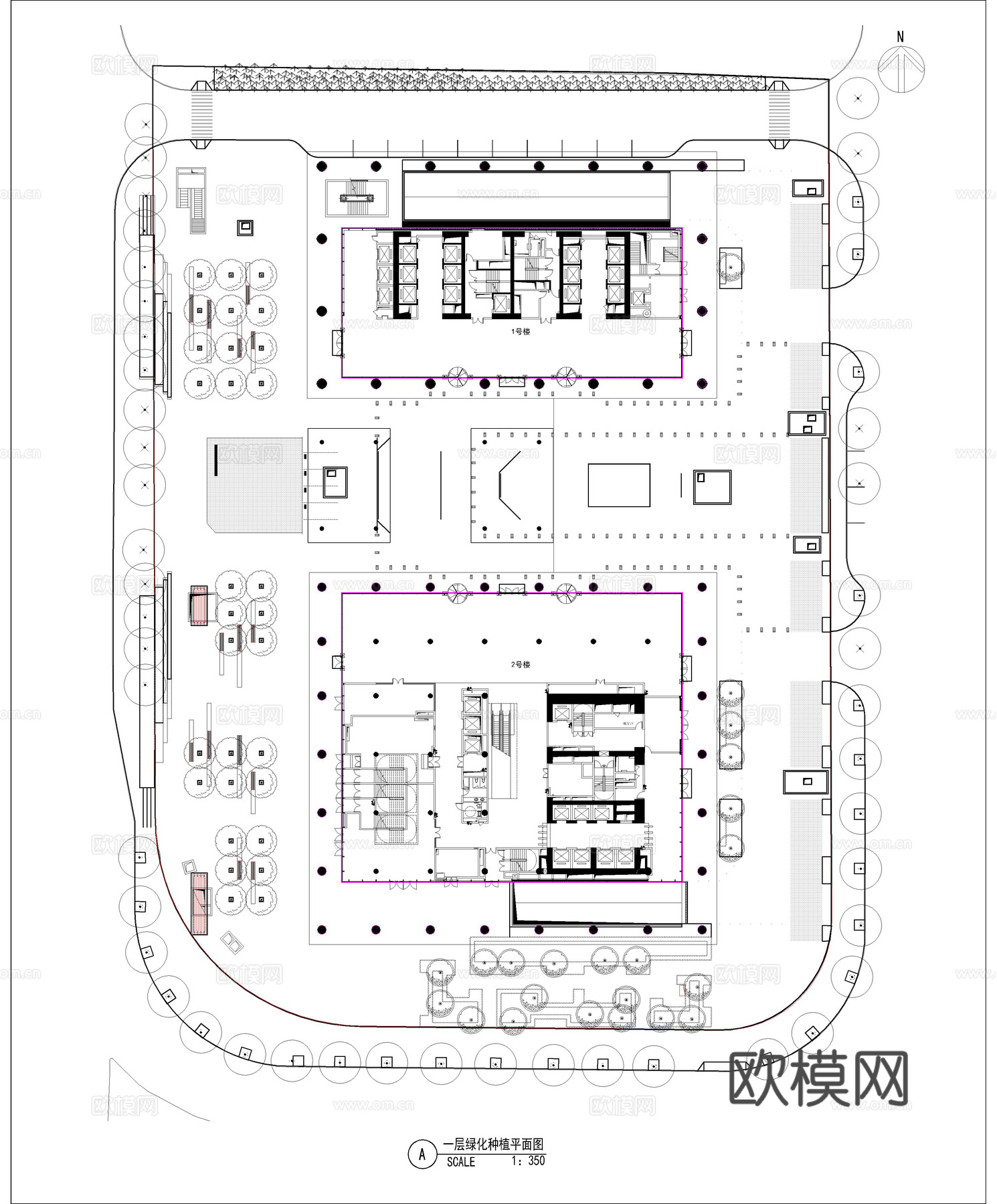 高档办公区景观 植物配置图 施工图 办公工业景观cad施工图