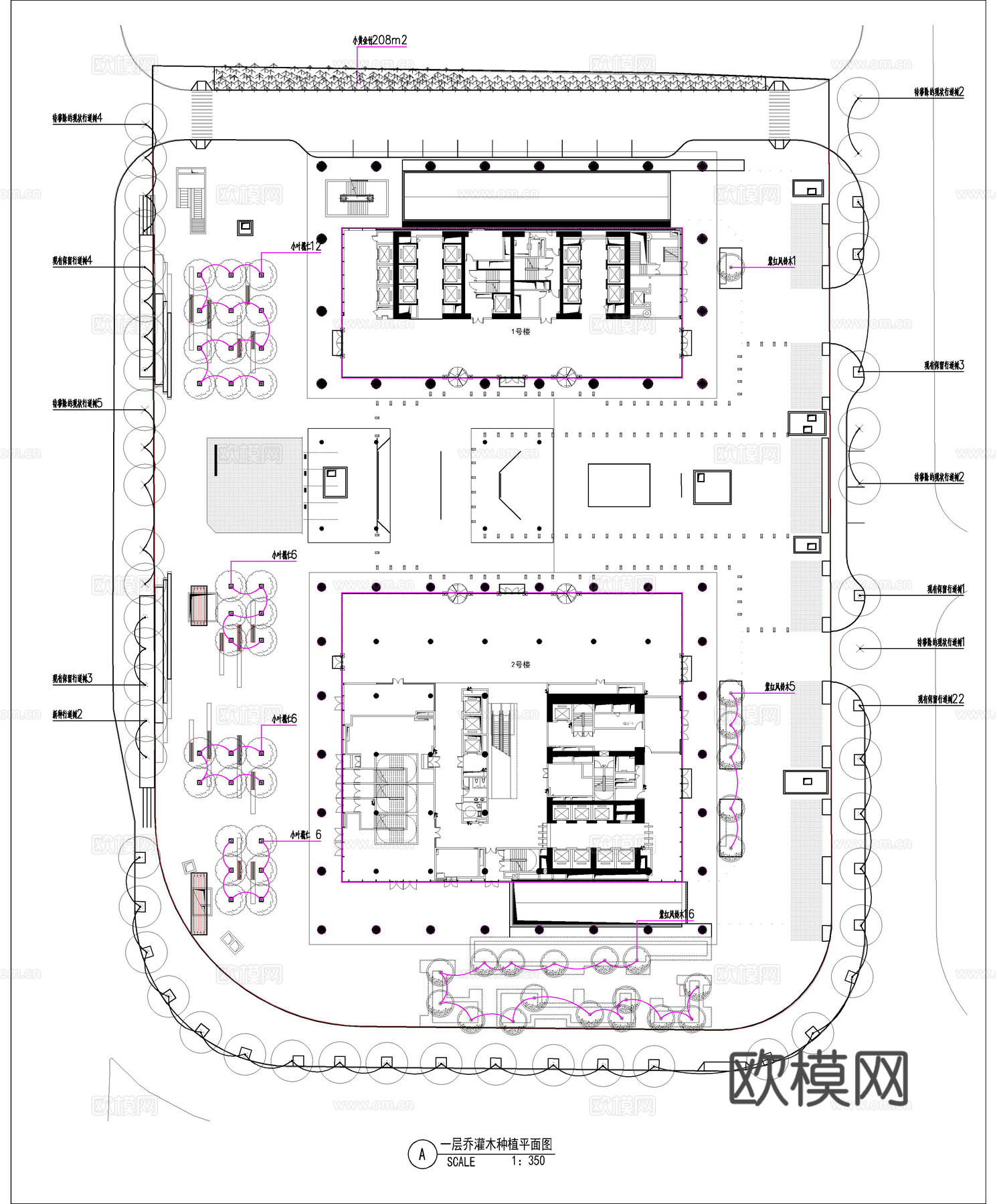 高档办公区景观 植物配置图 施工图 办公工业景观cad施工图