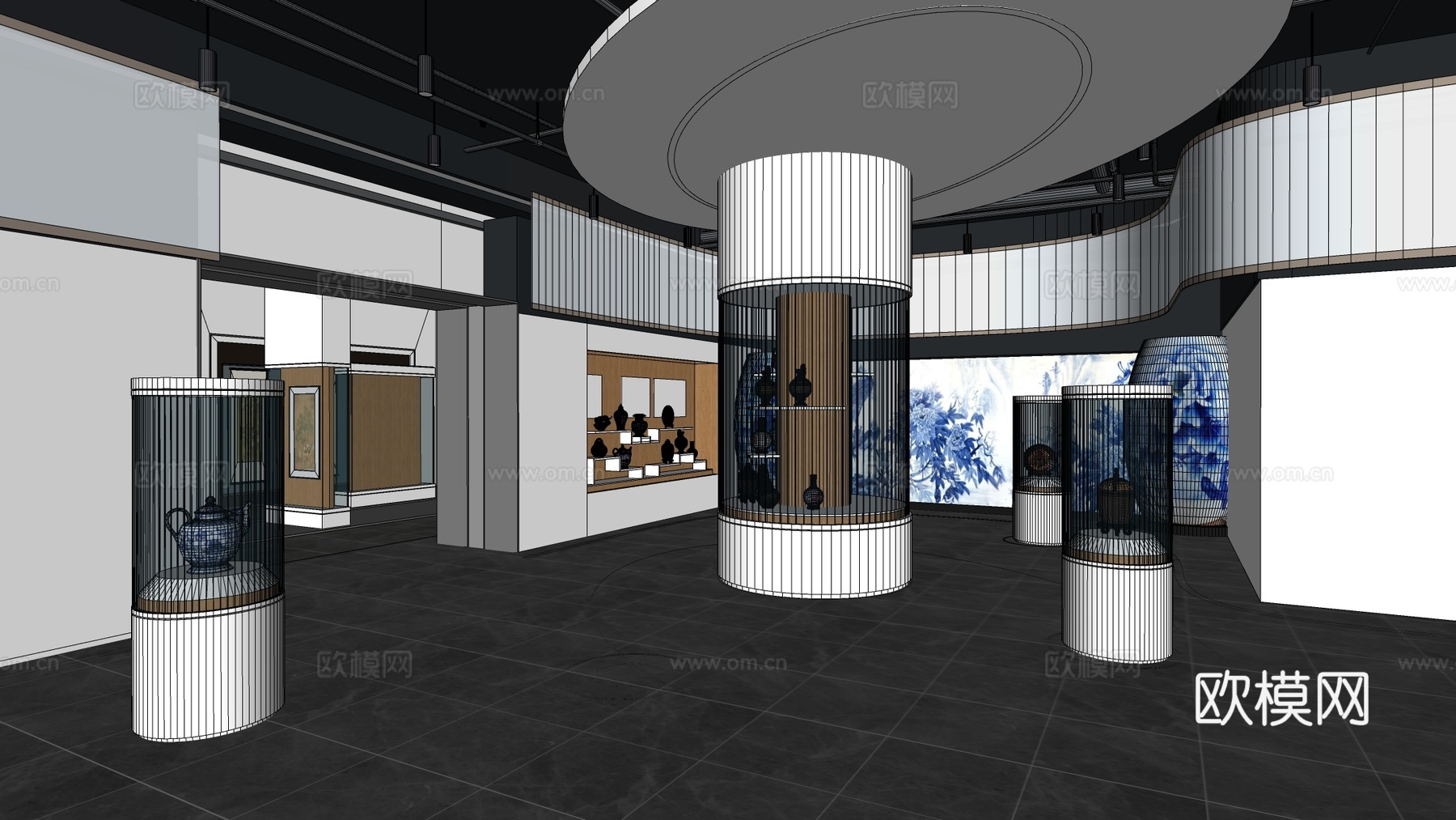 现代瓷器展厅 瓷器博物馆 瓷器展品su模型