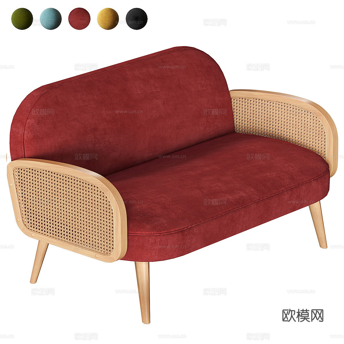 新中式原木 BUISSEAU 丝绒柳编藤制沙发3d模型