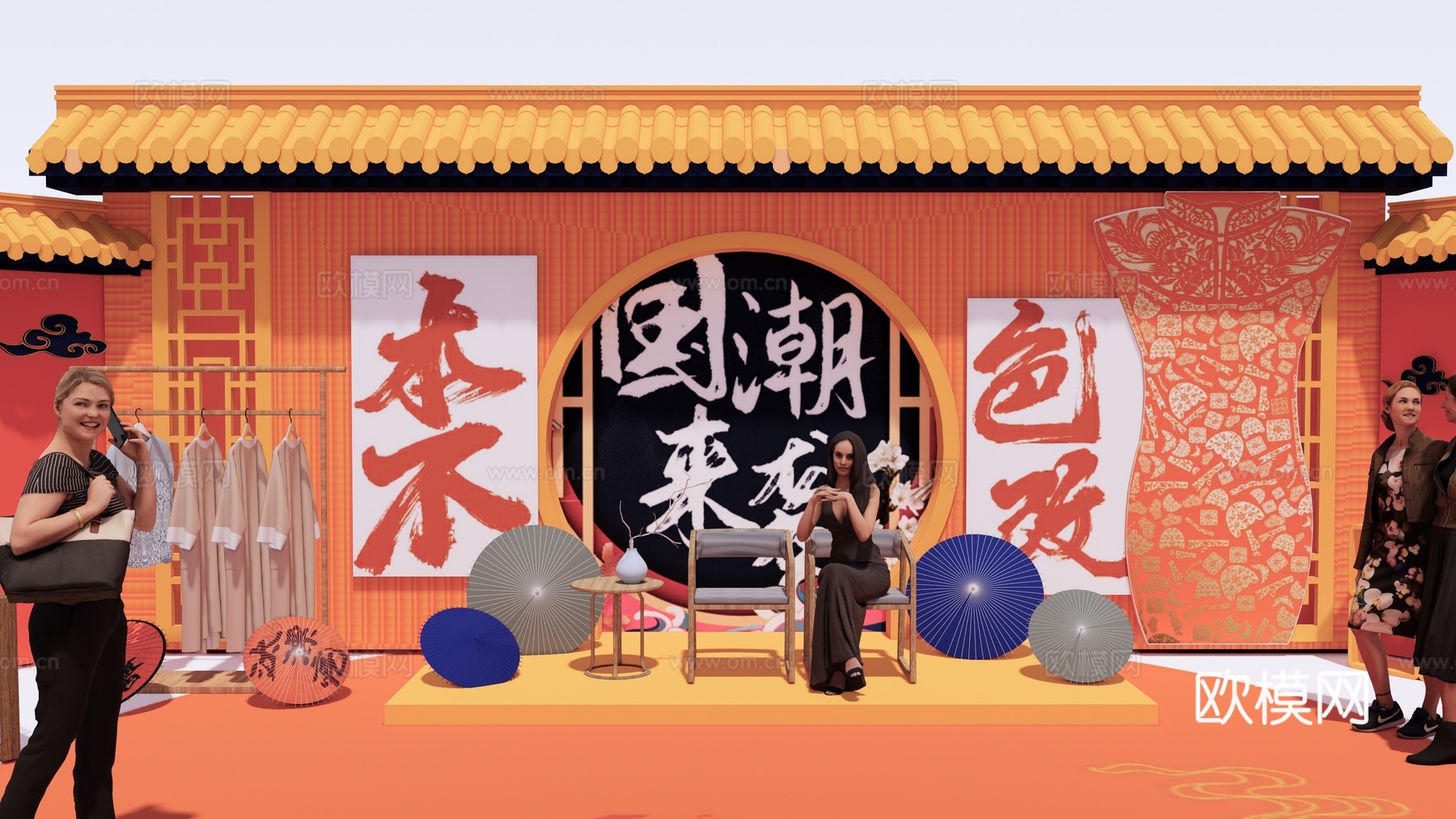 新中式国潮美陈 戏曲文化打卡点 国潮背景墙 商业街戏剧展厅su模型