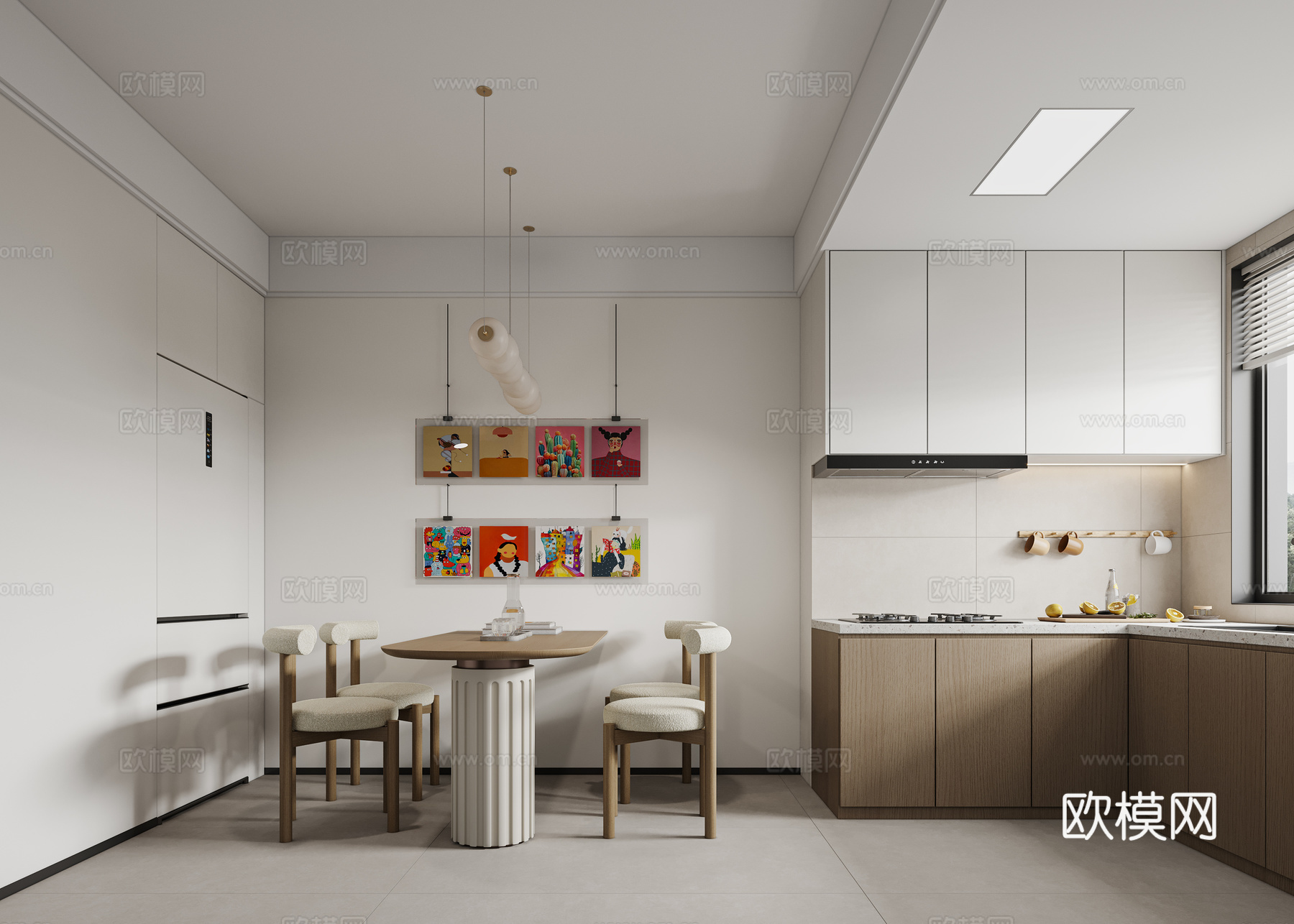 现代奶油风餐厅厨房3d模型