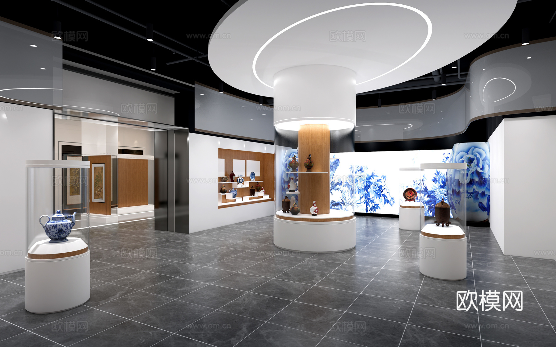 现代瓷器展厅 瓷器博物馆 瓷器展品su模型