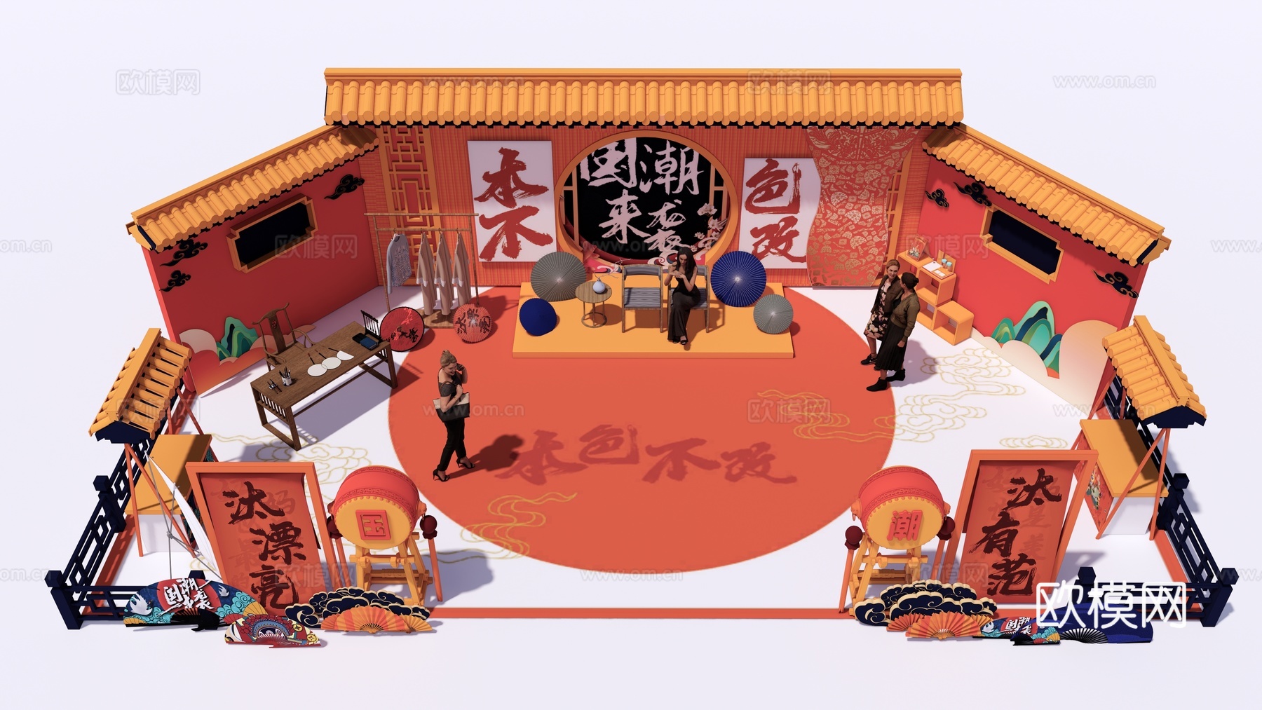 新中式国潮美陈 戏曲文化打卡点 国潮背景墙 商业街戏剧展厅su模型