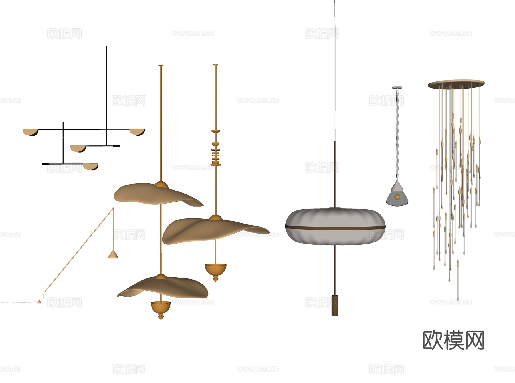 现代侘寂风 大堂 酒店 客厅 直线 金属 圆筒 异形吊灯su模型