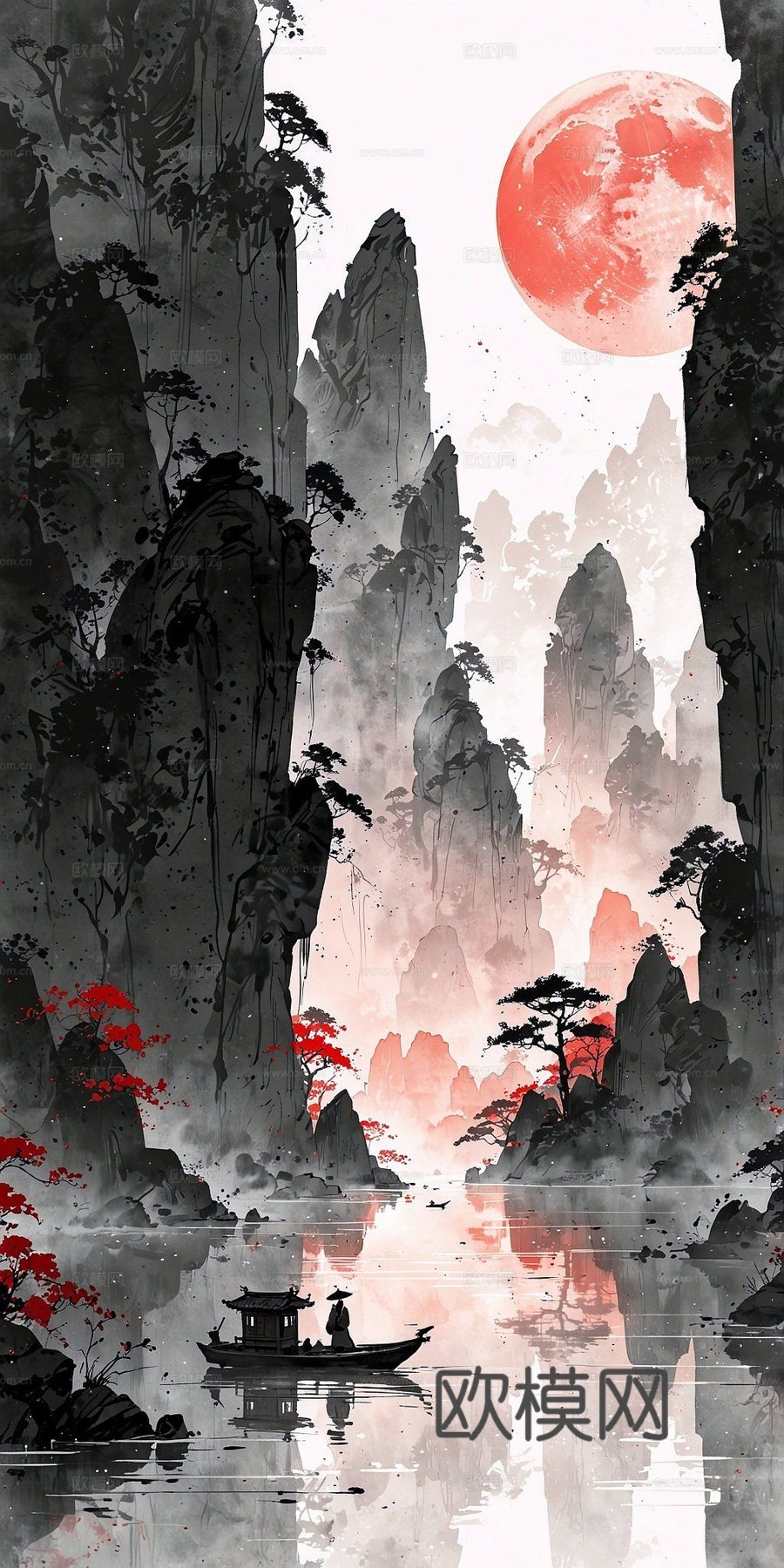 意境 云雾山水画  新中式  泛舟 峡谷