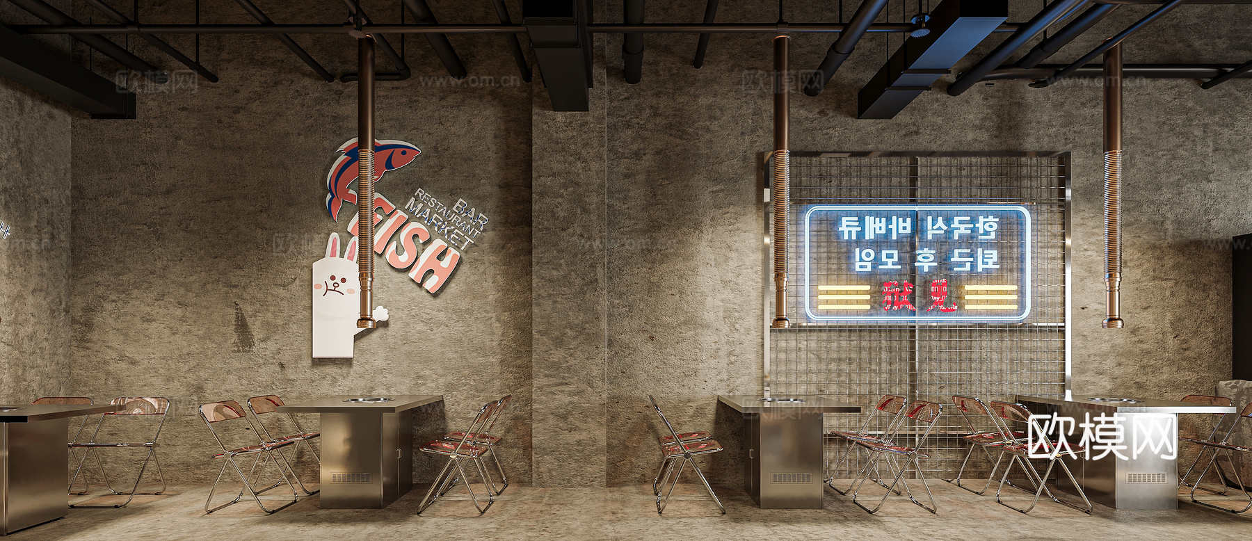 现代工业风烤肉店 工业风烤肉店 韩式烤肉店3d模型
