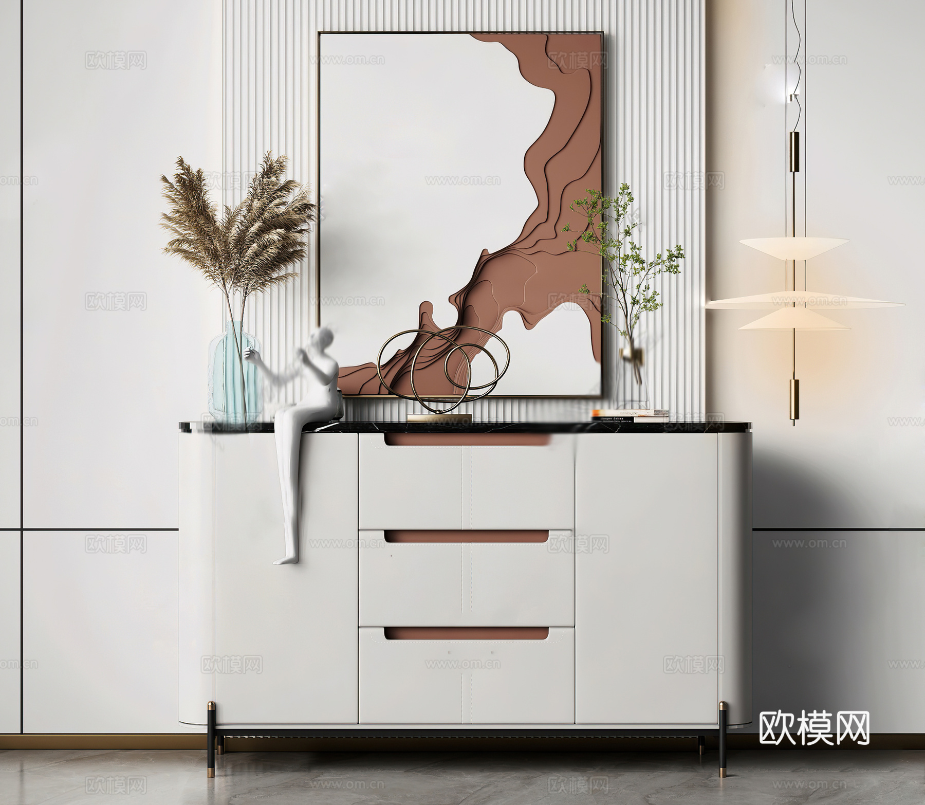 现代玄关柜 装饰柜 端景 摆件 装饰品 干花 吊灯 玄关 过su模型