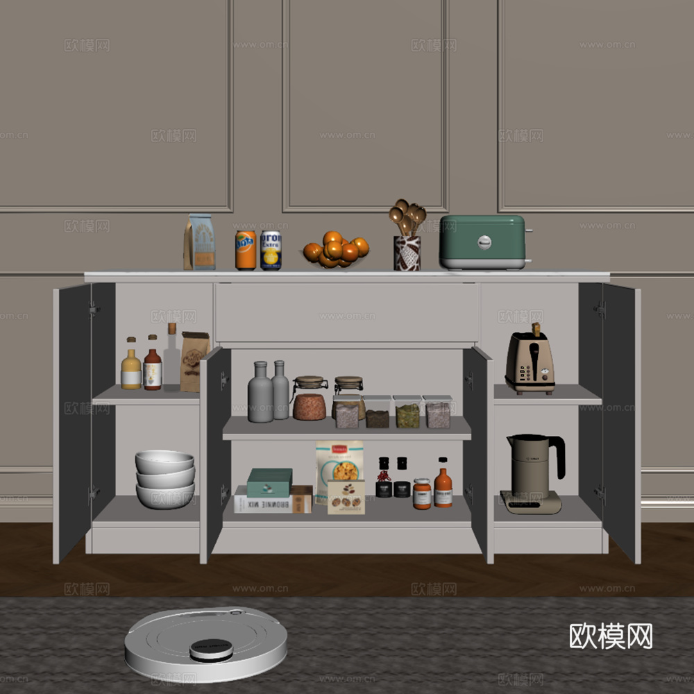 餐边柜 厨房用品 调料瓶 面包机 水壶 瓶瓶罐罐 扫地机器人su模型