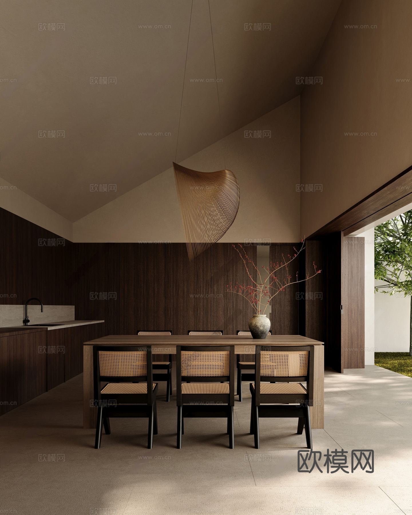 复古侘寂家居餐厅 开放式厨房 侘寂餐桌吊灯 侘寂花瓶 侘寂门3d模型
