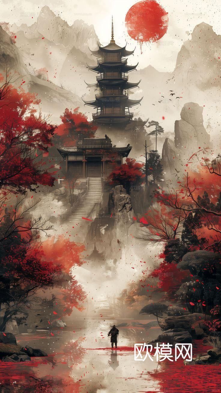 意境 云雾山水画  新中式  泛舟 塔