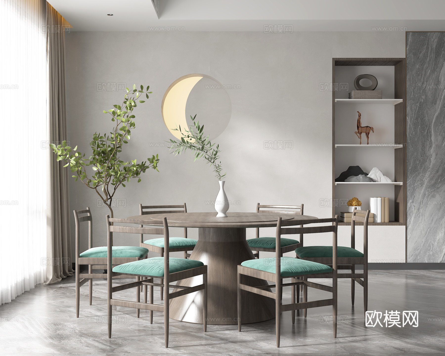 新中式餐厅，圆桌椅组合3d模型