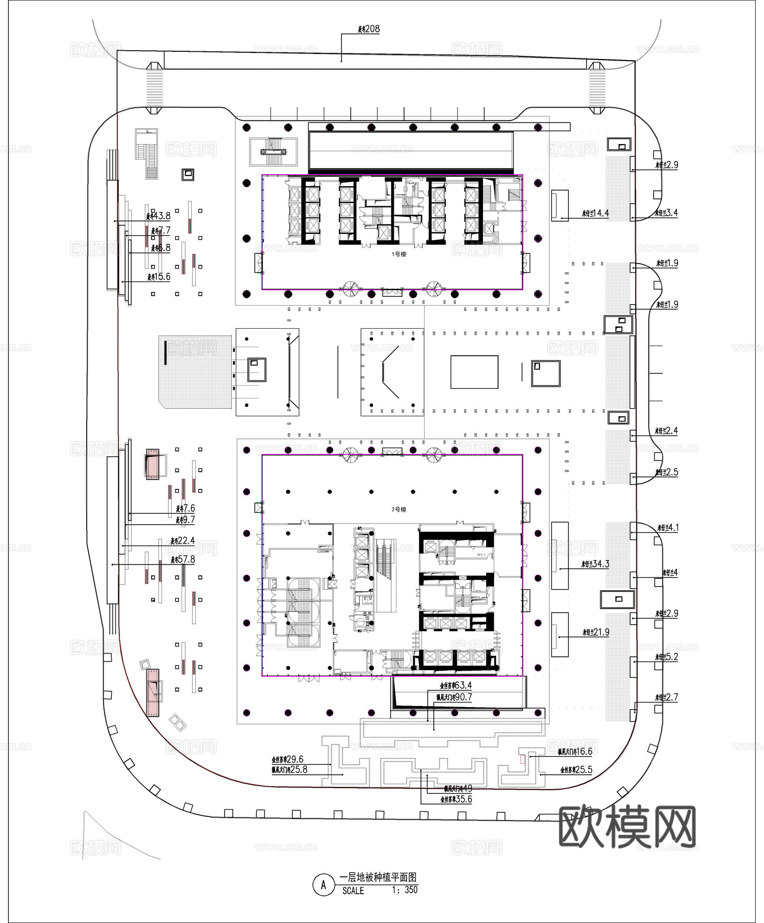 高档办公区景观 植物配置图 施工图 办公工业景观cad施工图