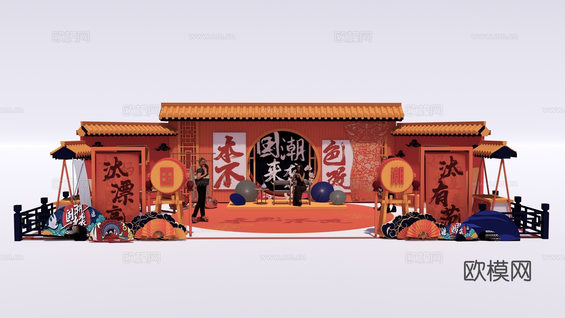 新中式国潮美陈 戏曲文化打卡点 国潮背景墙 商业街戏剧展厅su模型