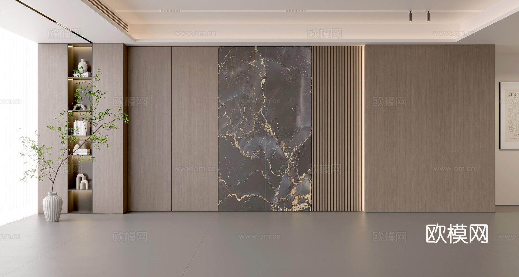 现代意式沙发背景墙 现代摆件 阳台柜 客厅柜 木饰面背景墙3d模型