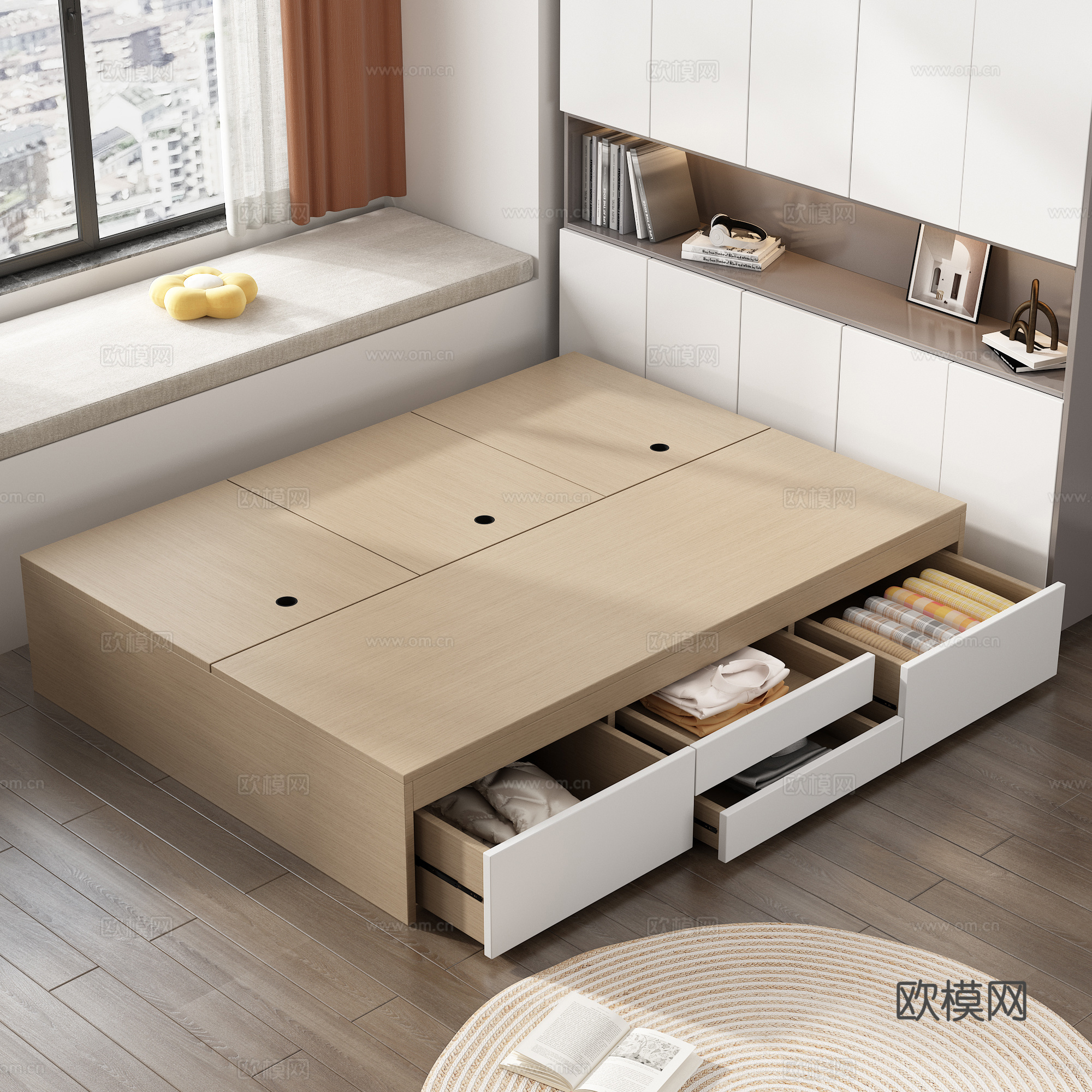 榻榻米实木推拉床 折叠衣服 储物柜 书籍 抱枕 飘窗 摆件3d模型