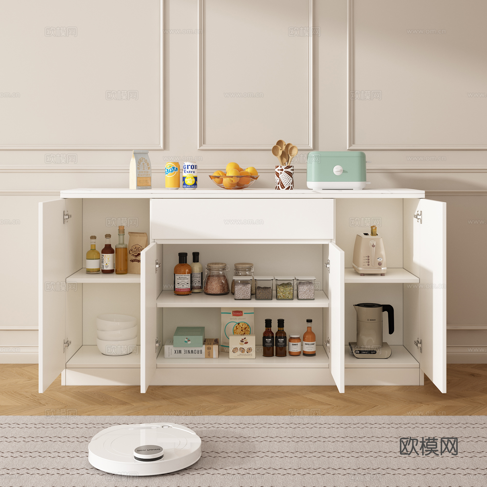 餐边柜 厨房用品 调料瓶 面包机 水壶 瓶瓶罐罐 扫地机器人su模型