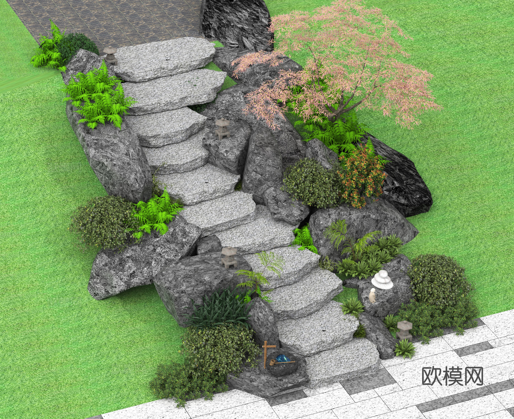现代汀步 景观汀步 绿植堆 石头 公园汀步3d模型