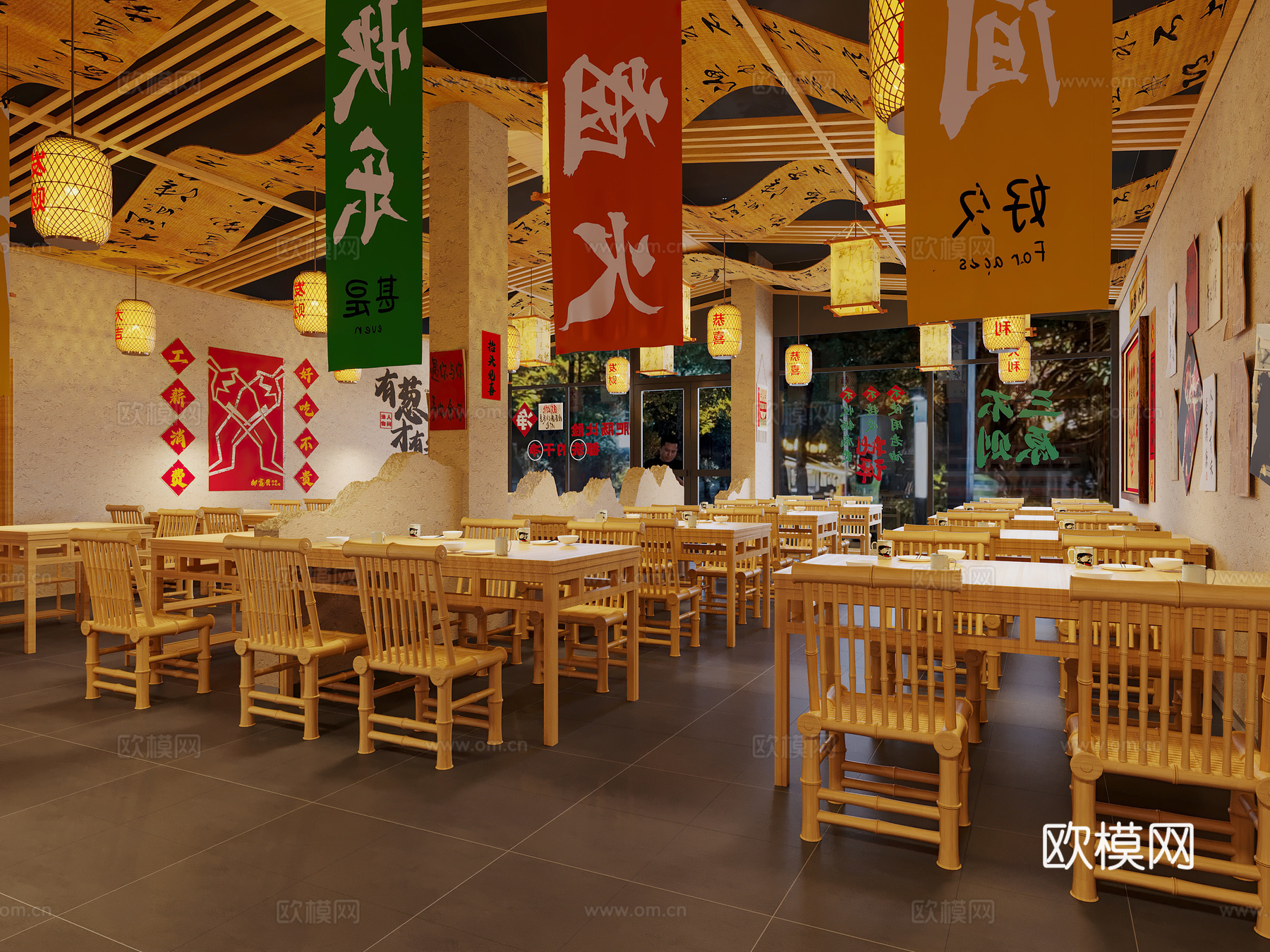 怀旧复古火锅店 新中式布幔 新中式火锅店 市井风火锅餐饮店3d模型