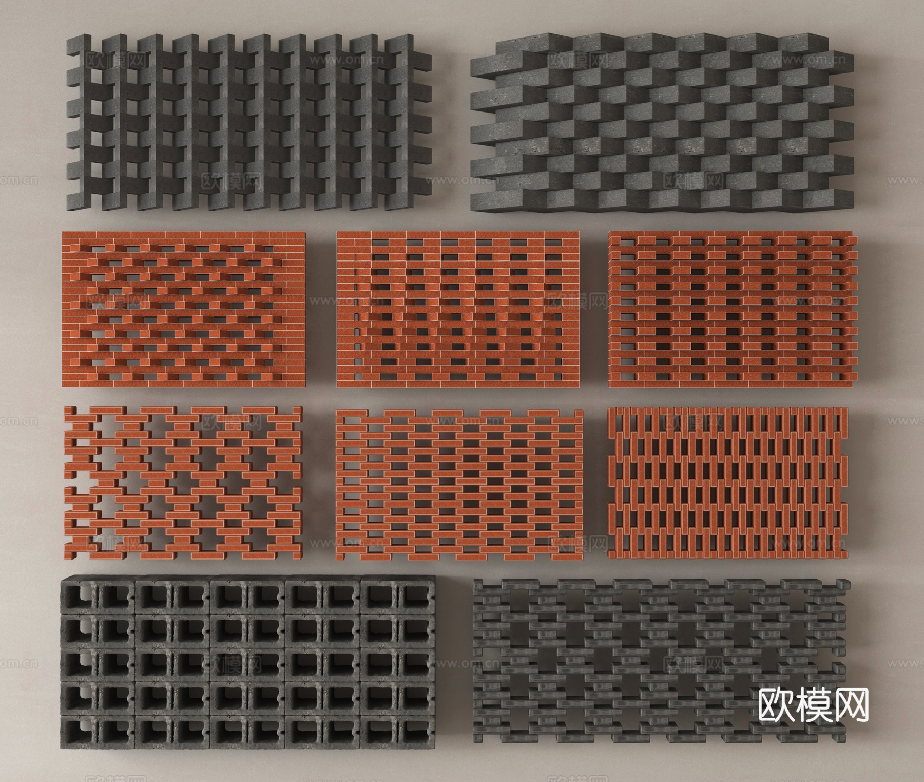 空心砖隔断 水泥砖 隔断 红砖 砖墙 围墙su模型