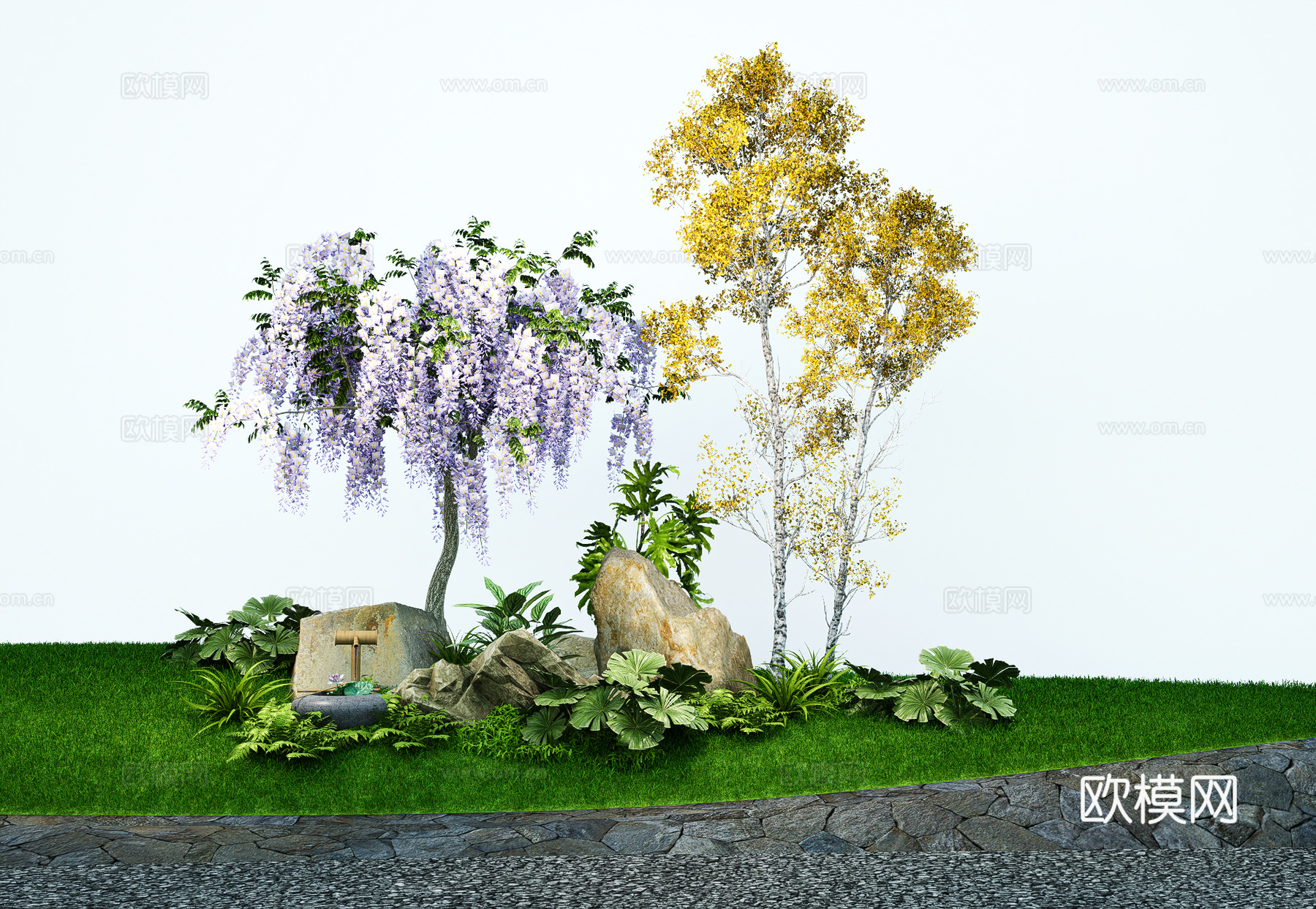 景观开花乔木 造型树   水砵石头造景su模型