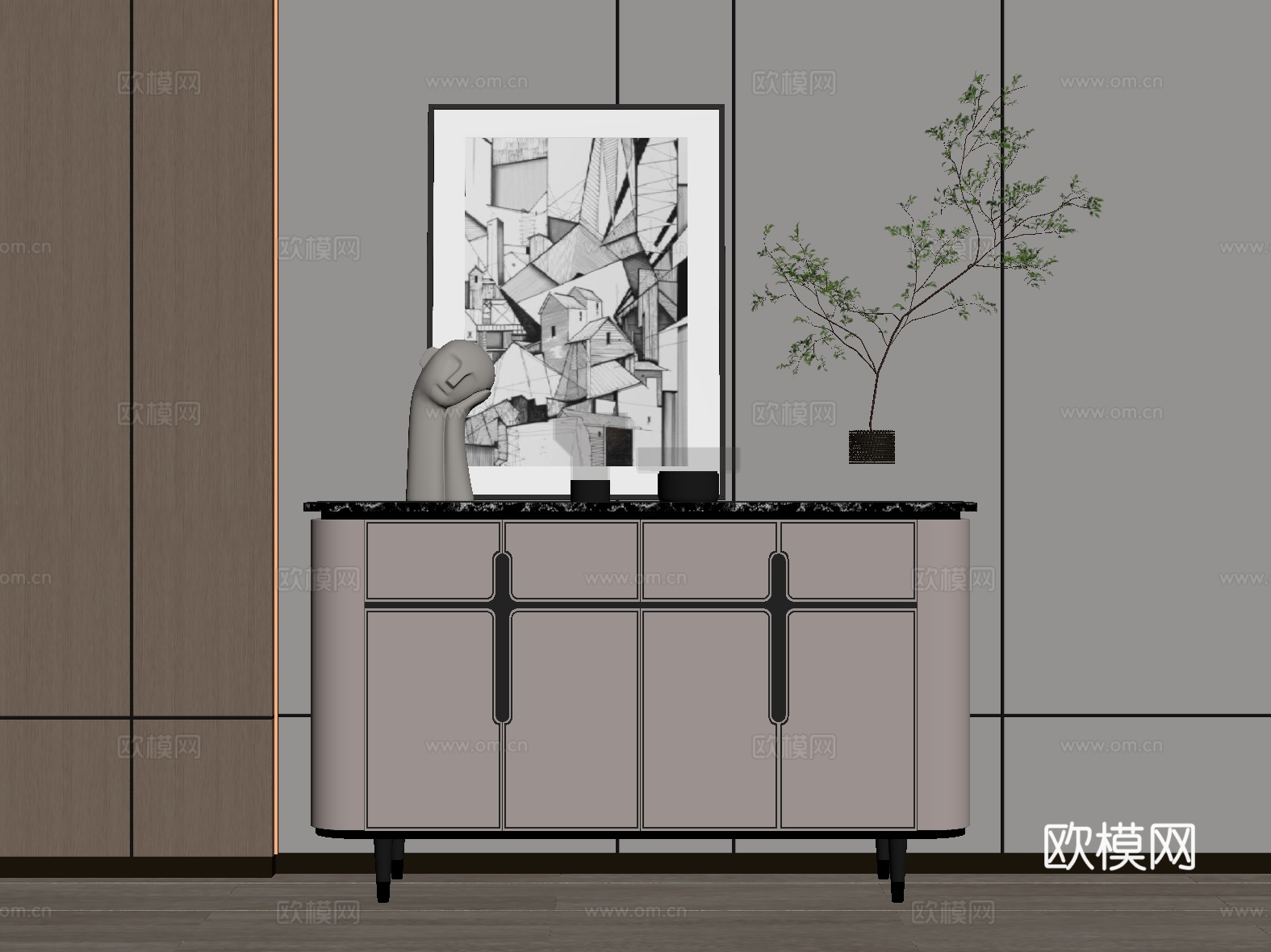 现代玄关柜 边柜 饰品摆件 装饰画 花艺 装饰柜su模型