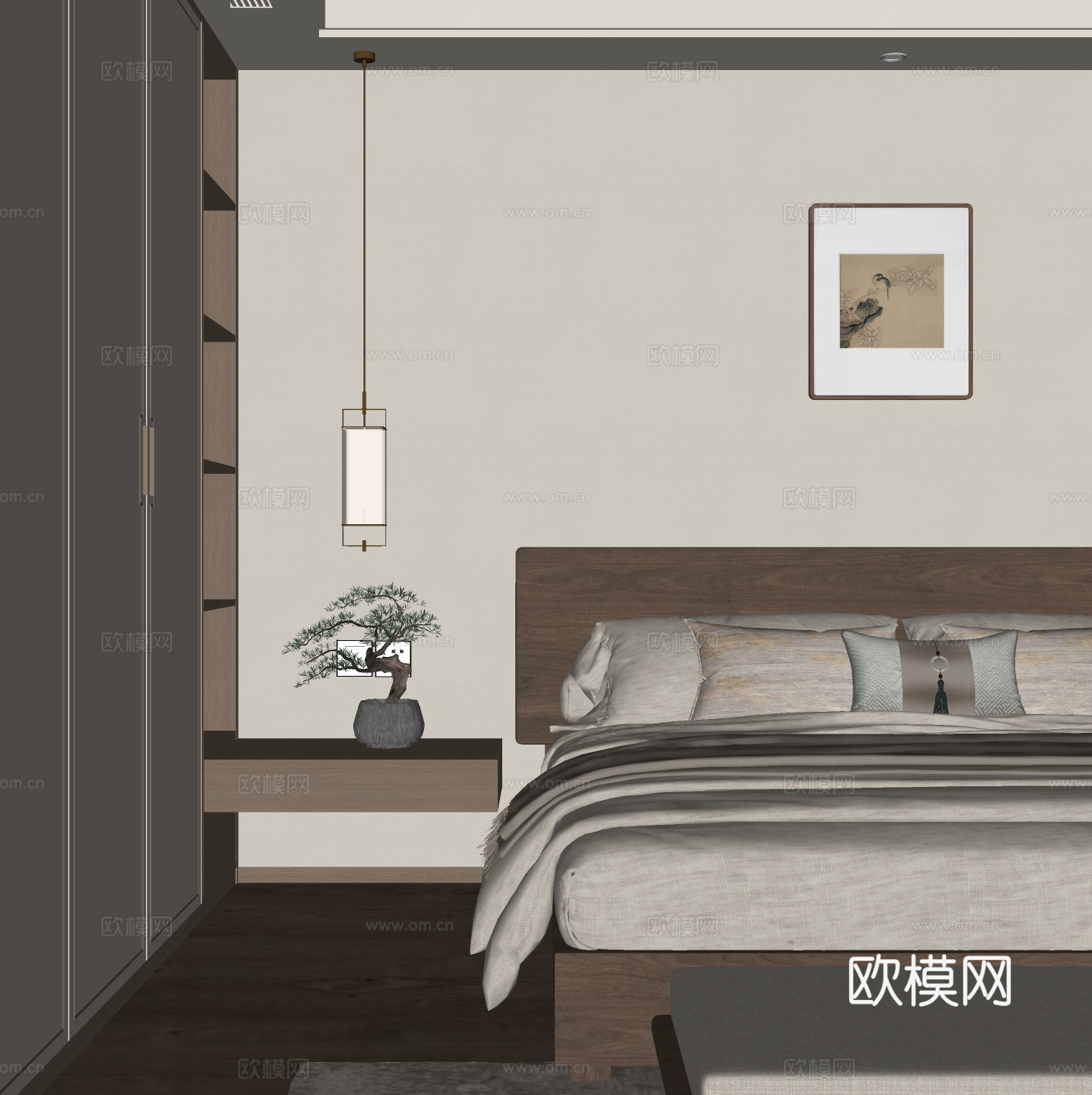 新中式卧室su模型下载（渲染图2）