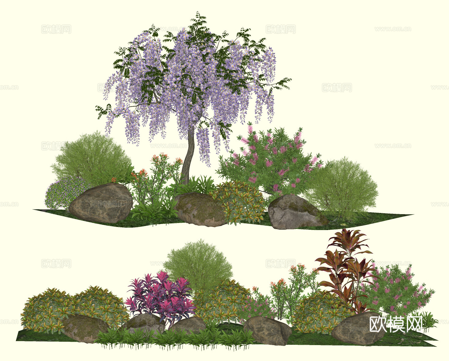 灌木球 花境 植物组合 景观开花乔木 花草 植物堆su模型