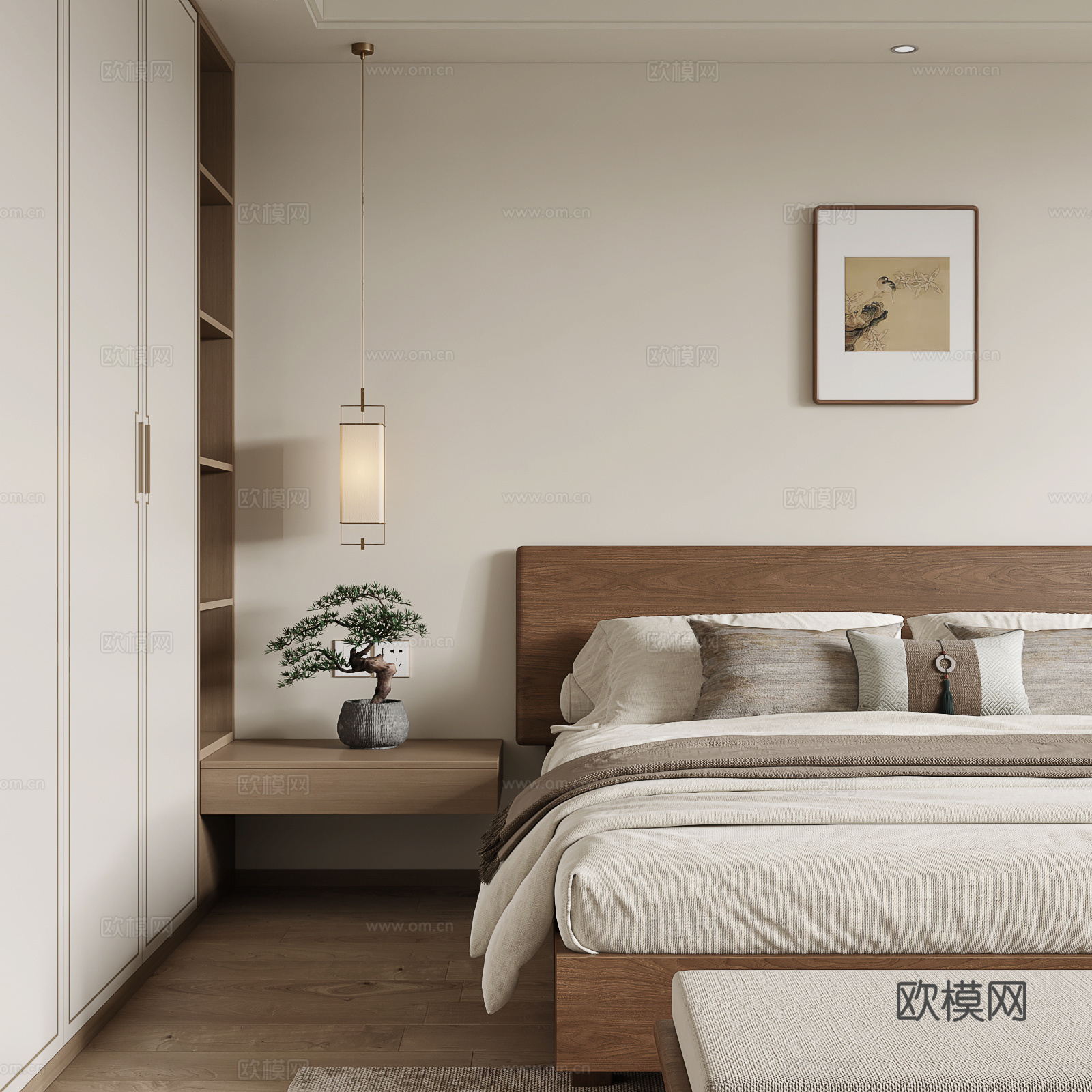 新中式卧室su模型下载（渲染图1）