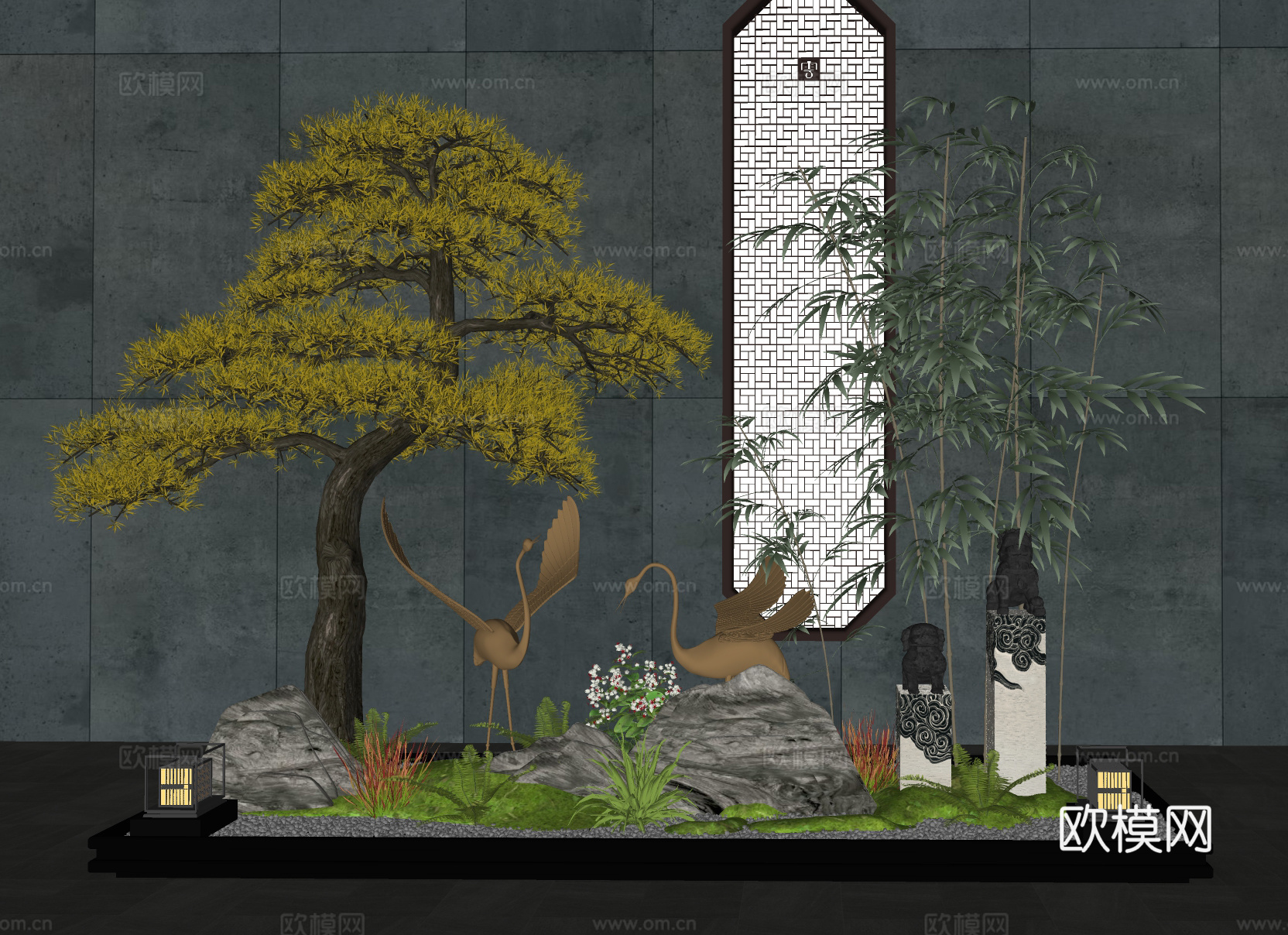 新中式庭院室内小品 仙鹤石头松树 罗马柱  竹子景观植物组合su模型下载（渲染图2）