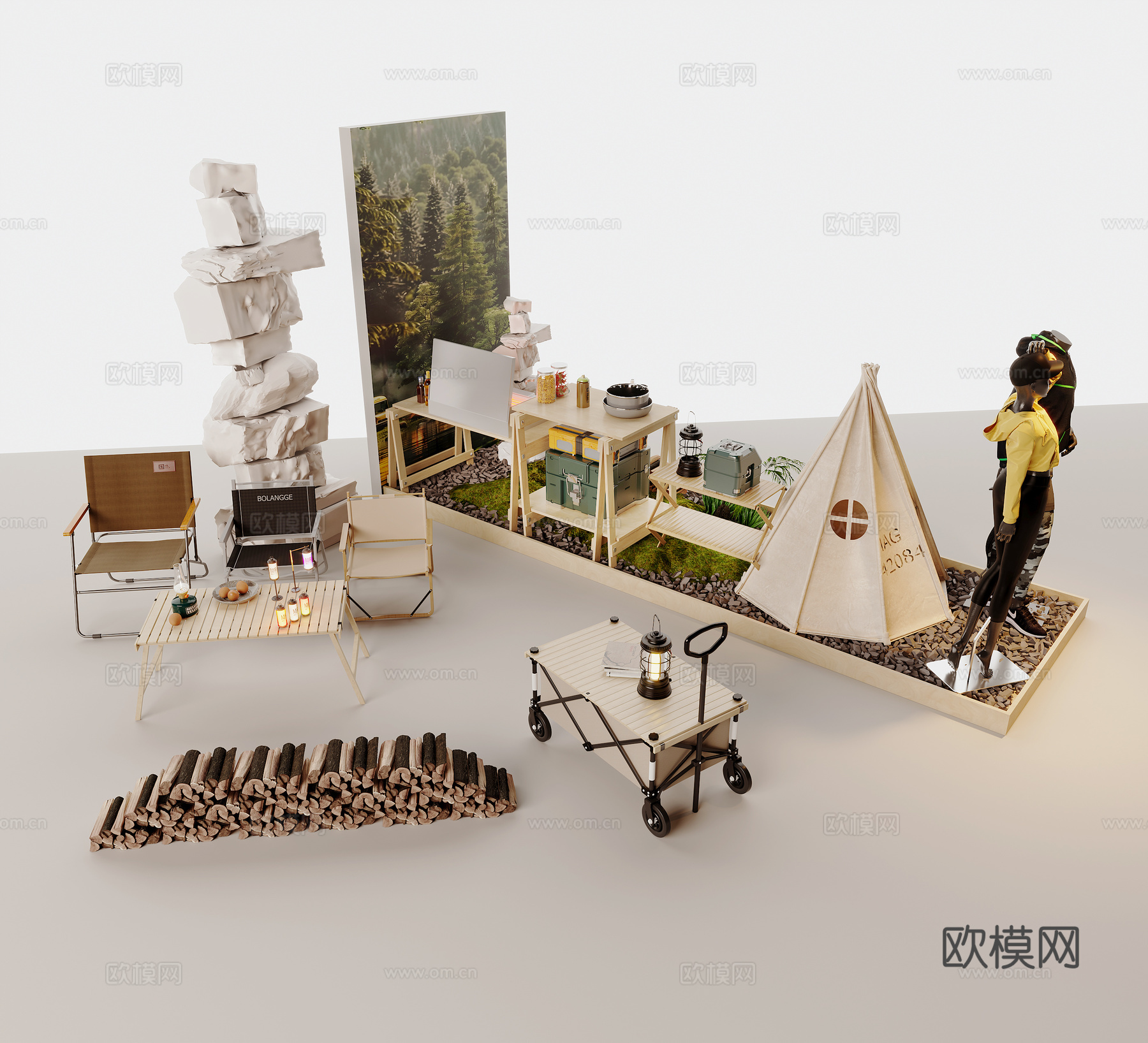 现代户外装备 木材堆 帐篷 露营设备 石子 烧烤炉 户外露营3d模型