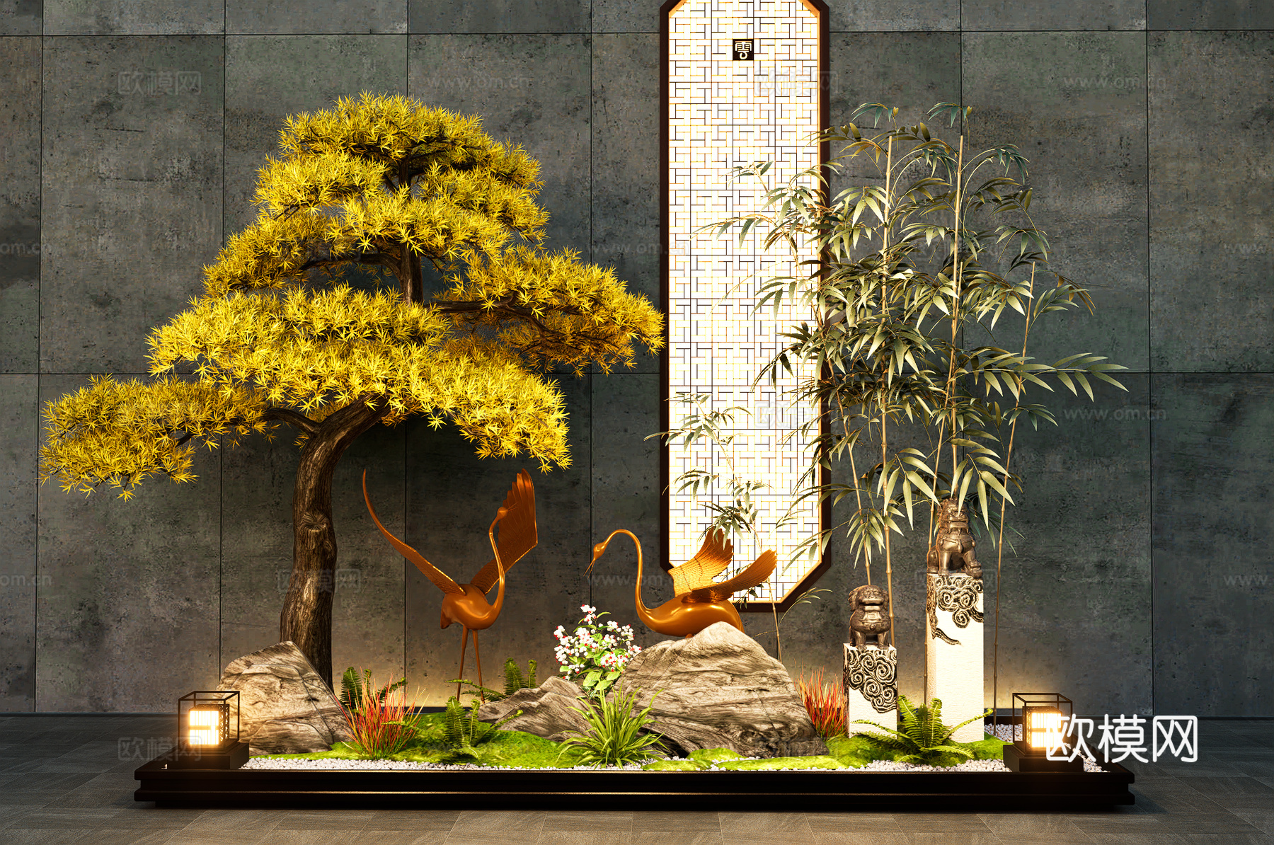 新中式庭院室内小品 仙鹤石头松树 罗马柱  竹子景观植物组合su模型下载（渲染图1）