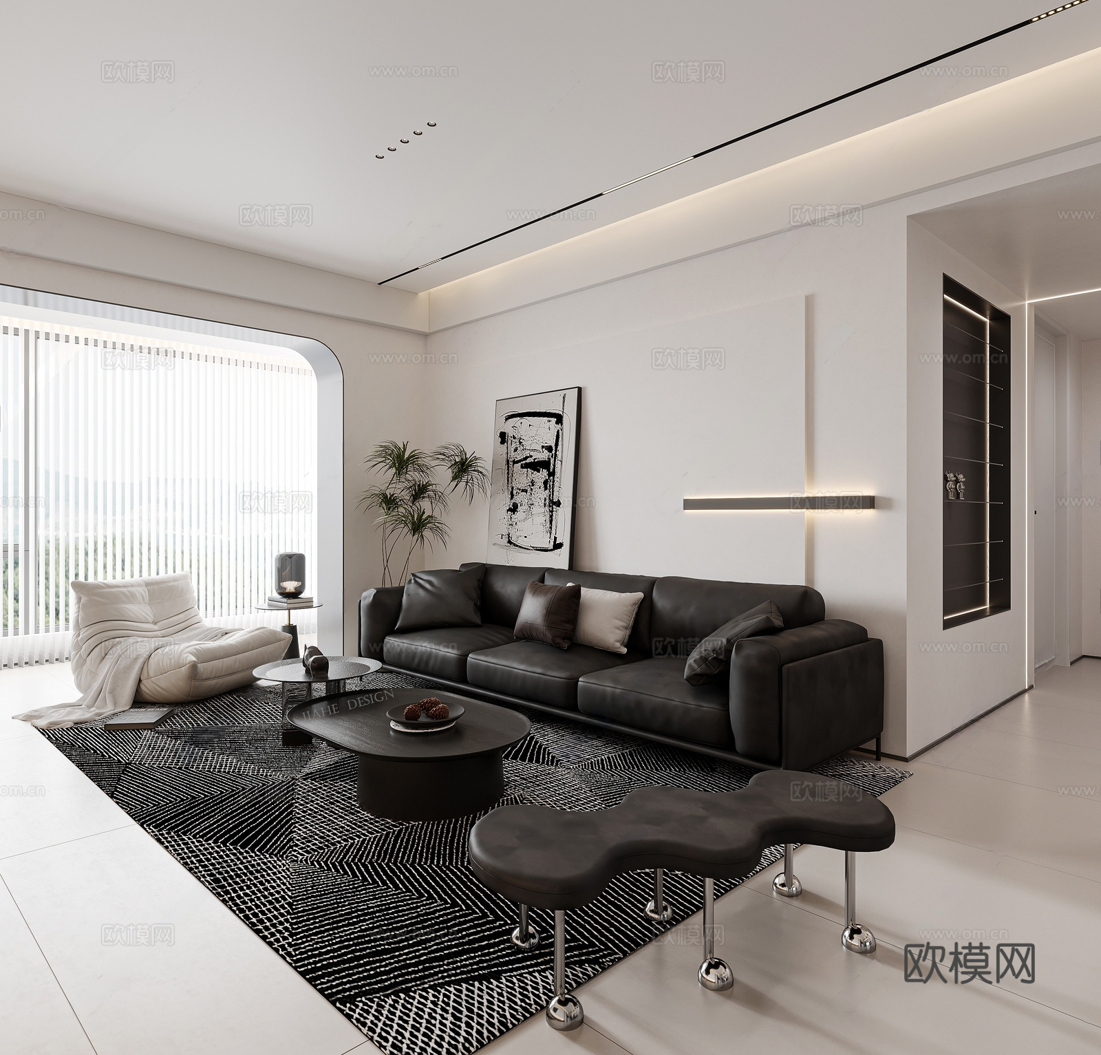 现代极简黑白灰客餐厅 餐桌椅组合 备餐桌 中岛岛台餐桌 餐厅3d模型