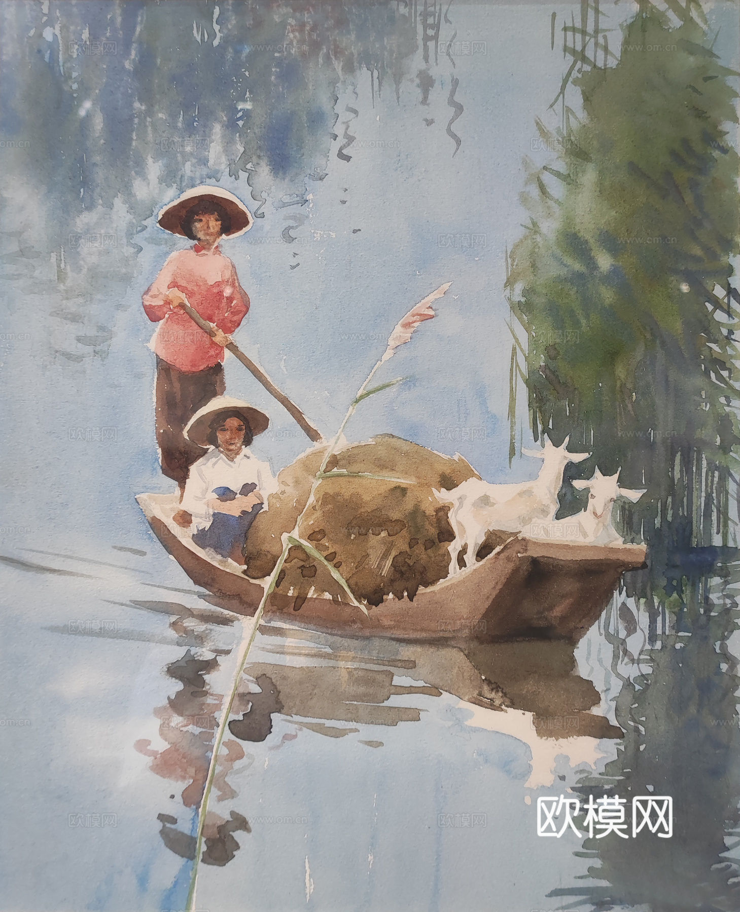 水彩河渡口