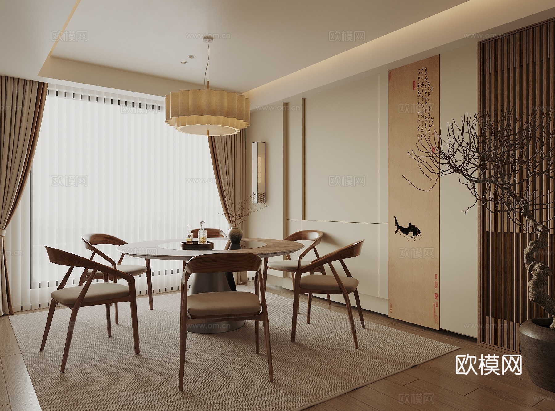 宋式风餐厅 新中式餐厅 圆形餐桌椅组合 吊灯 窗帘 背景墙3d模型