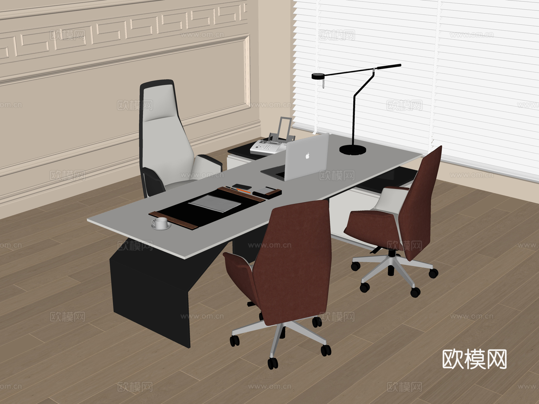 现代老板餐桌椅 办公椅 班台桌椅su模型下载（渲染图2）