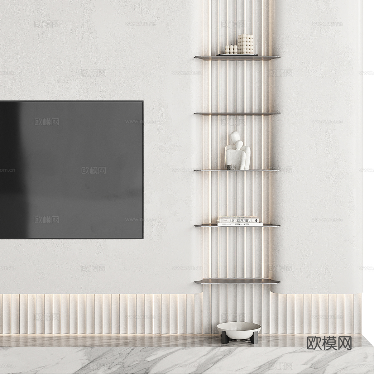现代奶油风电视背景墙3d模型