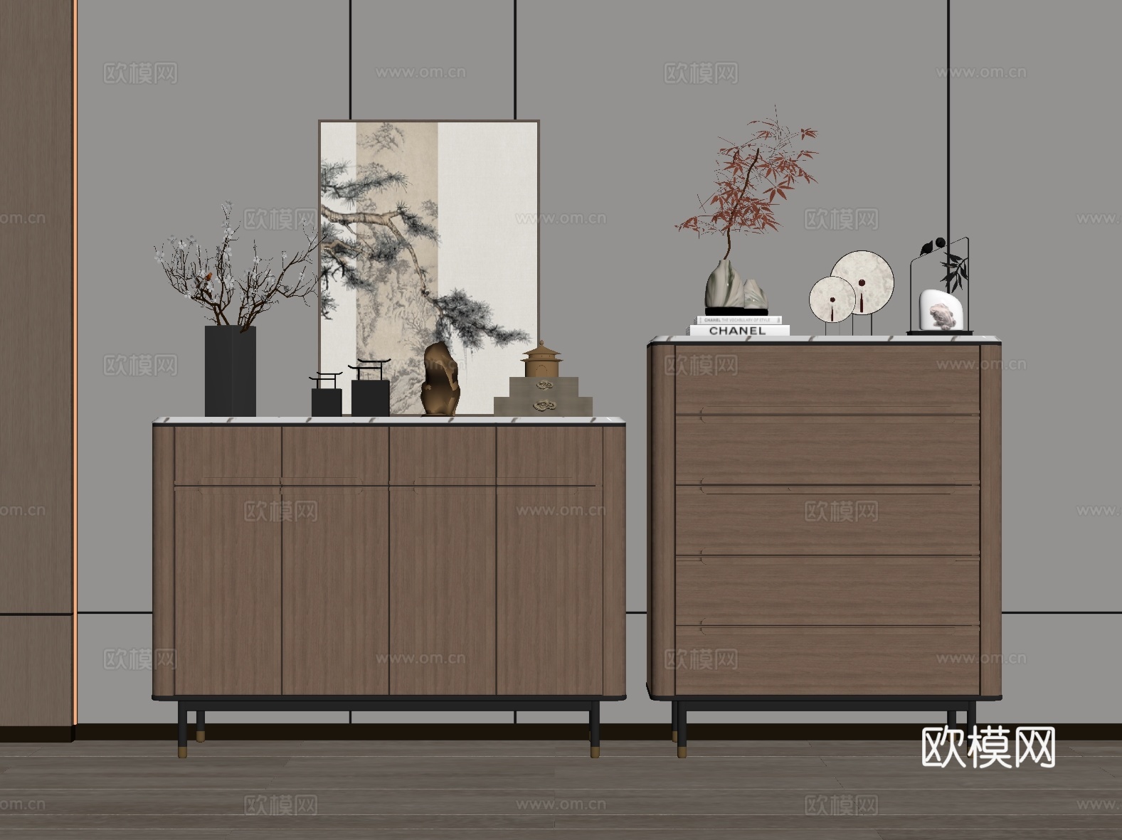 现代玄关柜 边柜 饰品摆件 装饰画 花艺 装饰柜su模型