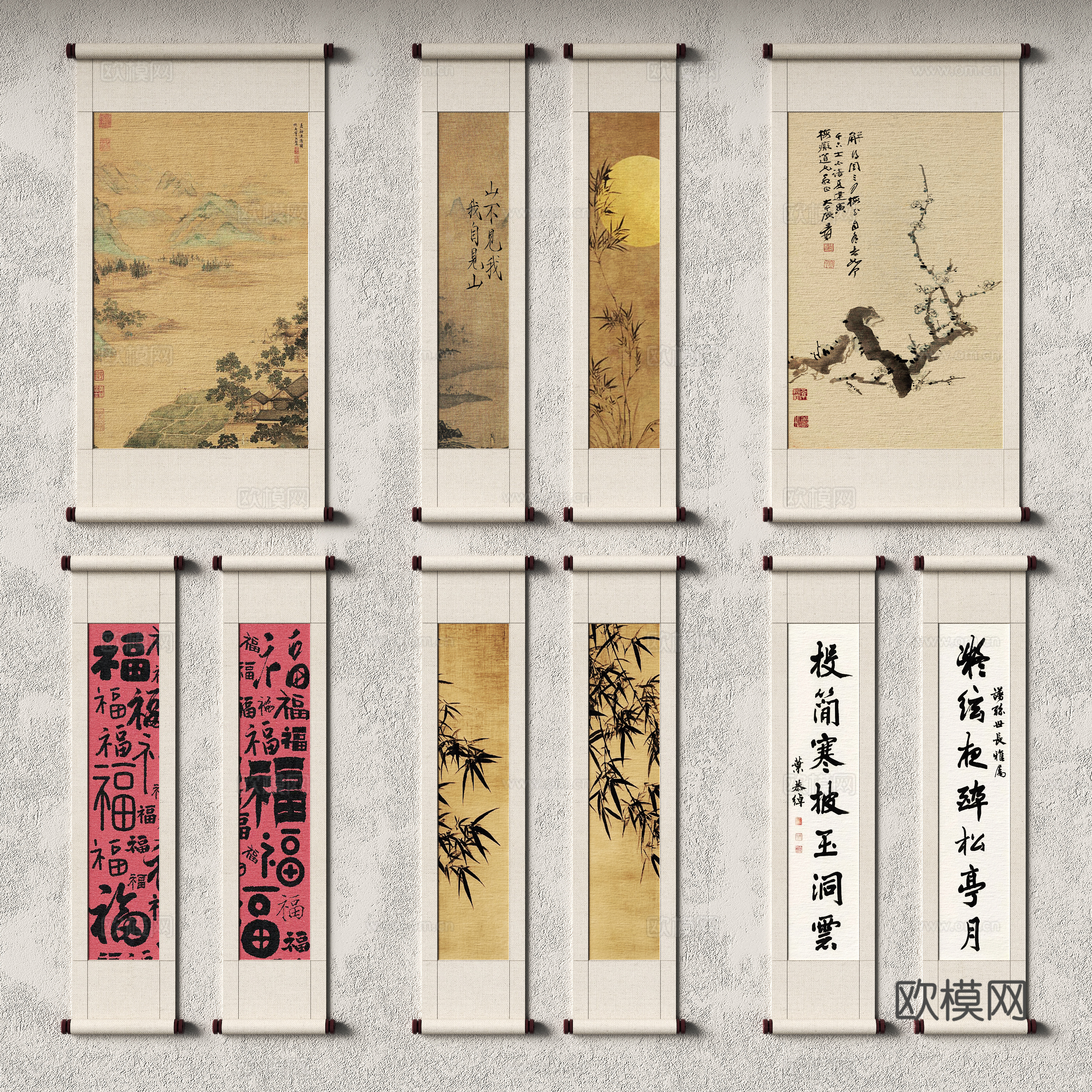 新中式卷轴挂画 书法字画su模型