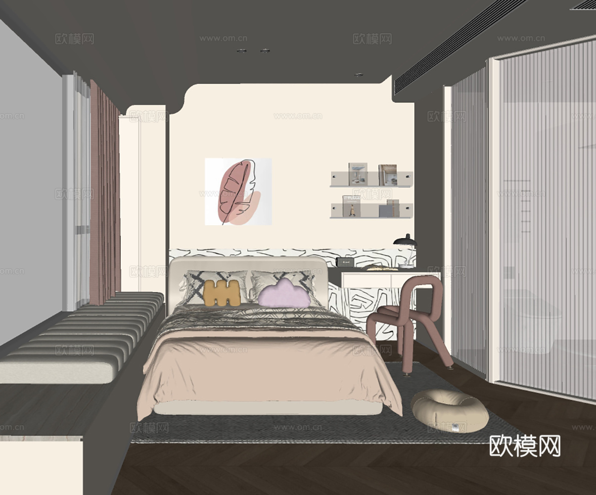 现代奶油女孩房su模型