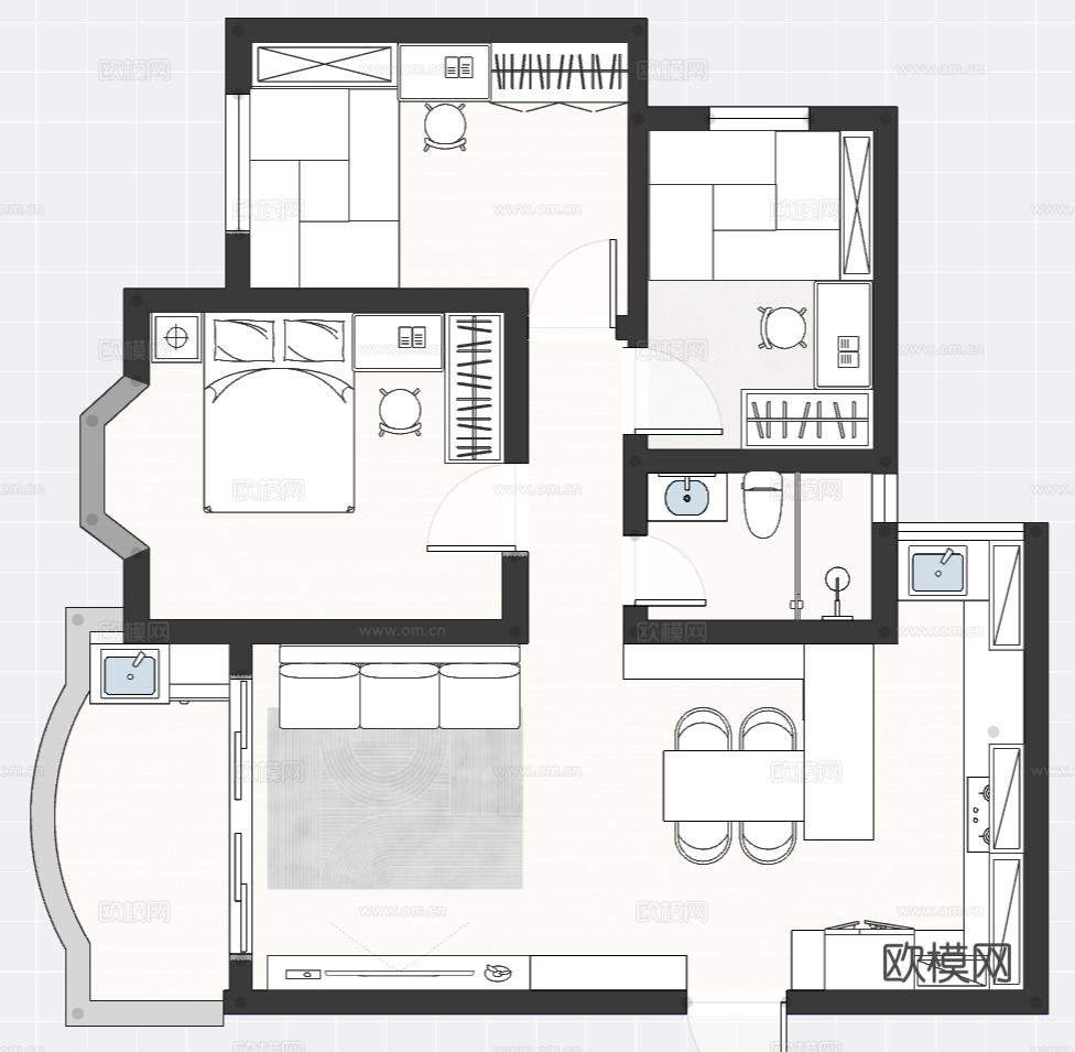 三室一卫一厨一厅  小户型  CAD布局图cad施工图