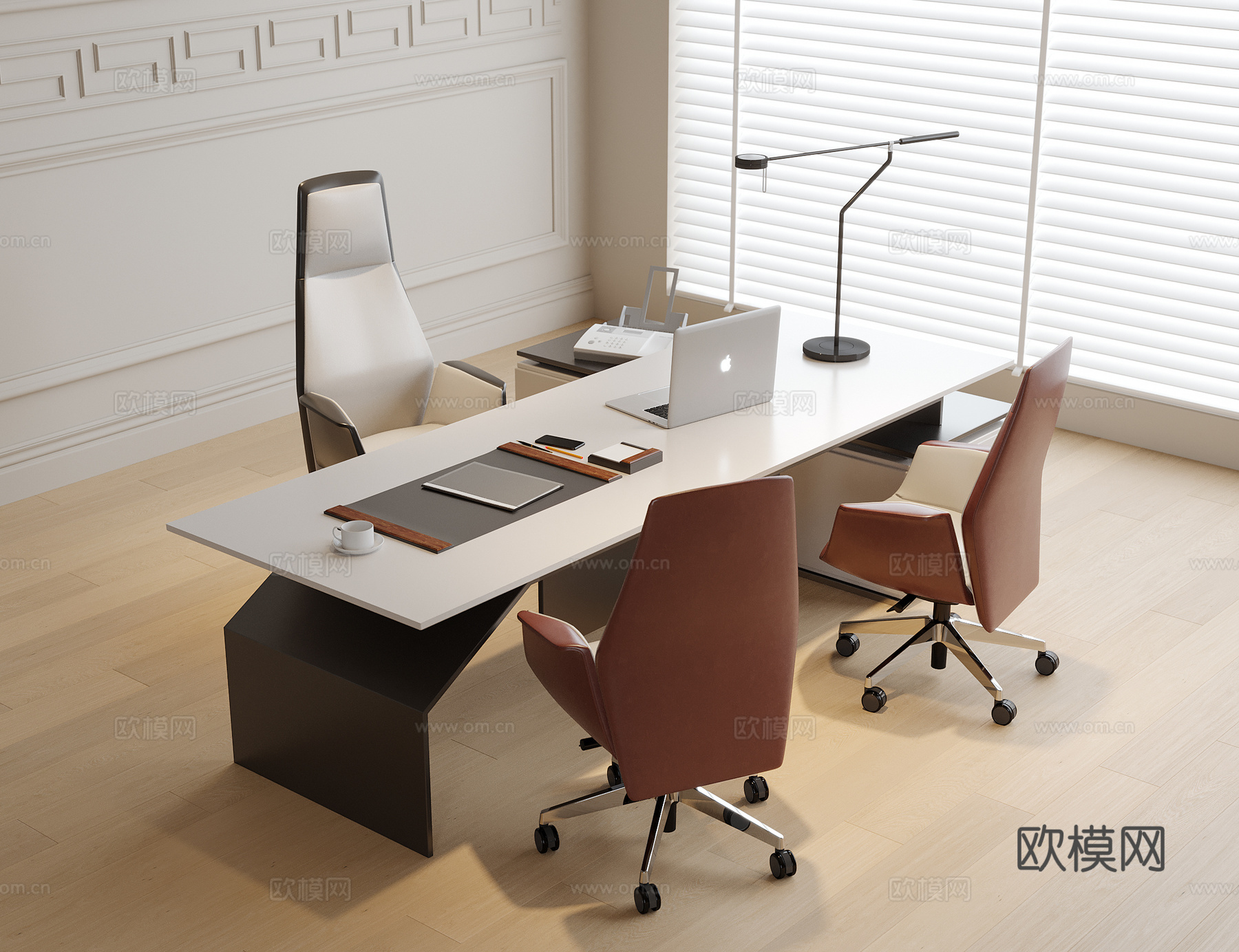 现代老板餐桌椅 办公椅 班台桌椅su模型下载（渲染图1）